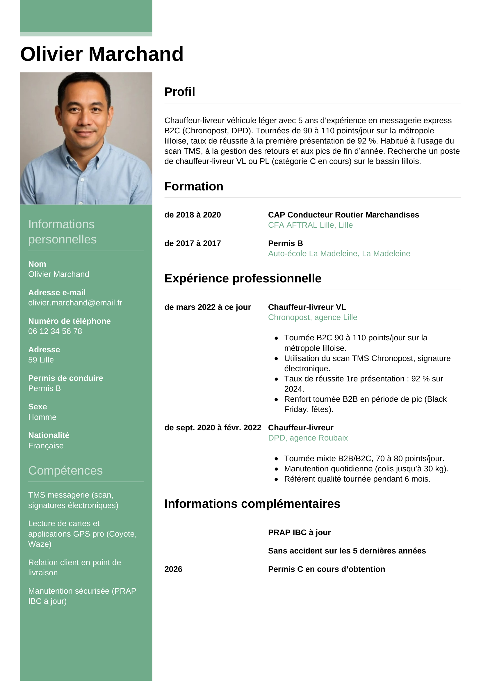 CV chauffeur-livreur — modèle informel