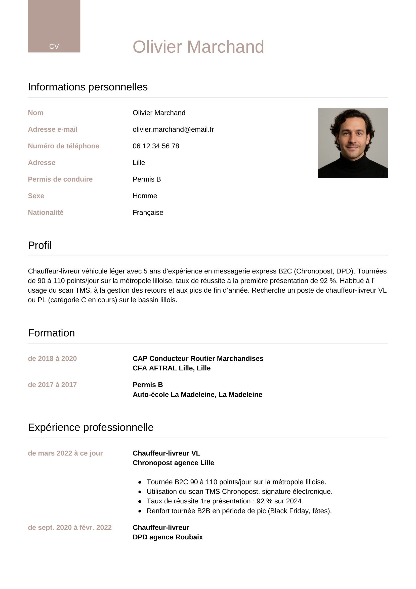CV chauffeur-livreur — modèle luxe
