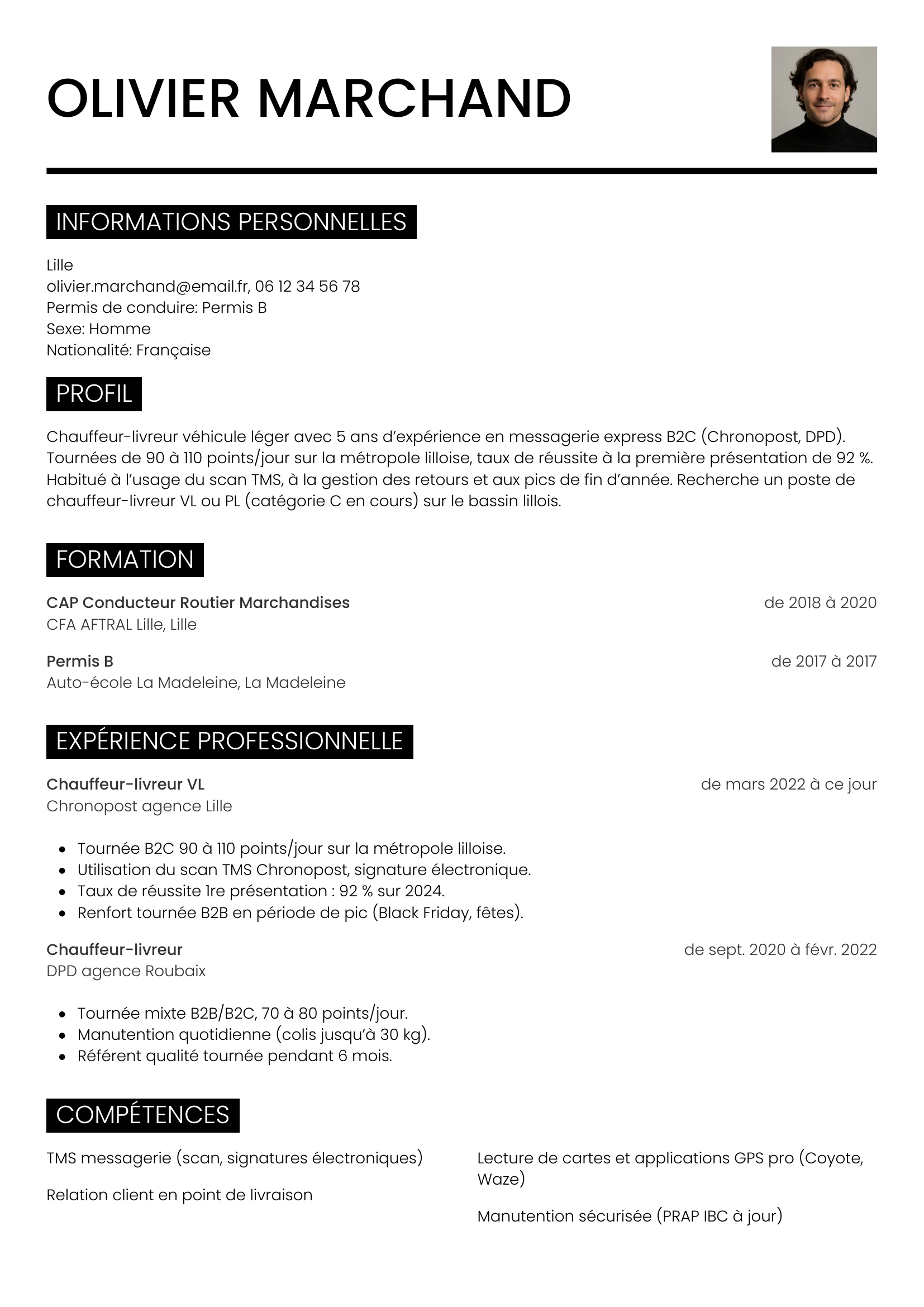 CV chauffeur-livreur — modèle métro