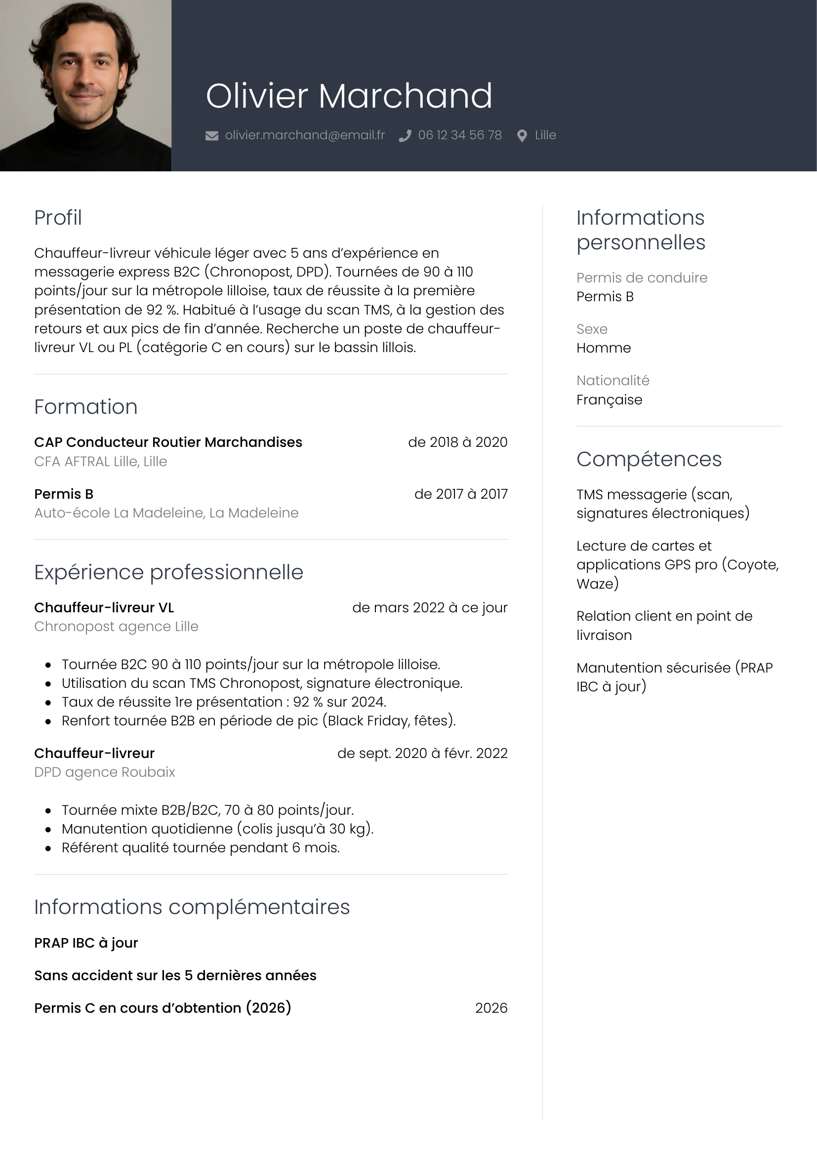 CV chauffeur-livreur — modèle professionnel