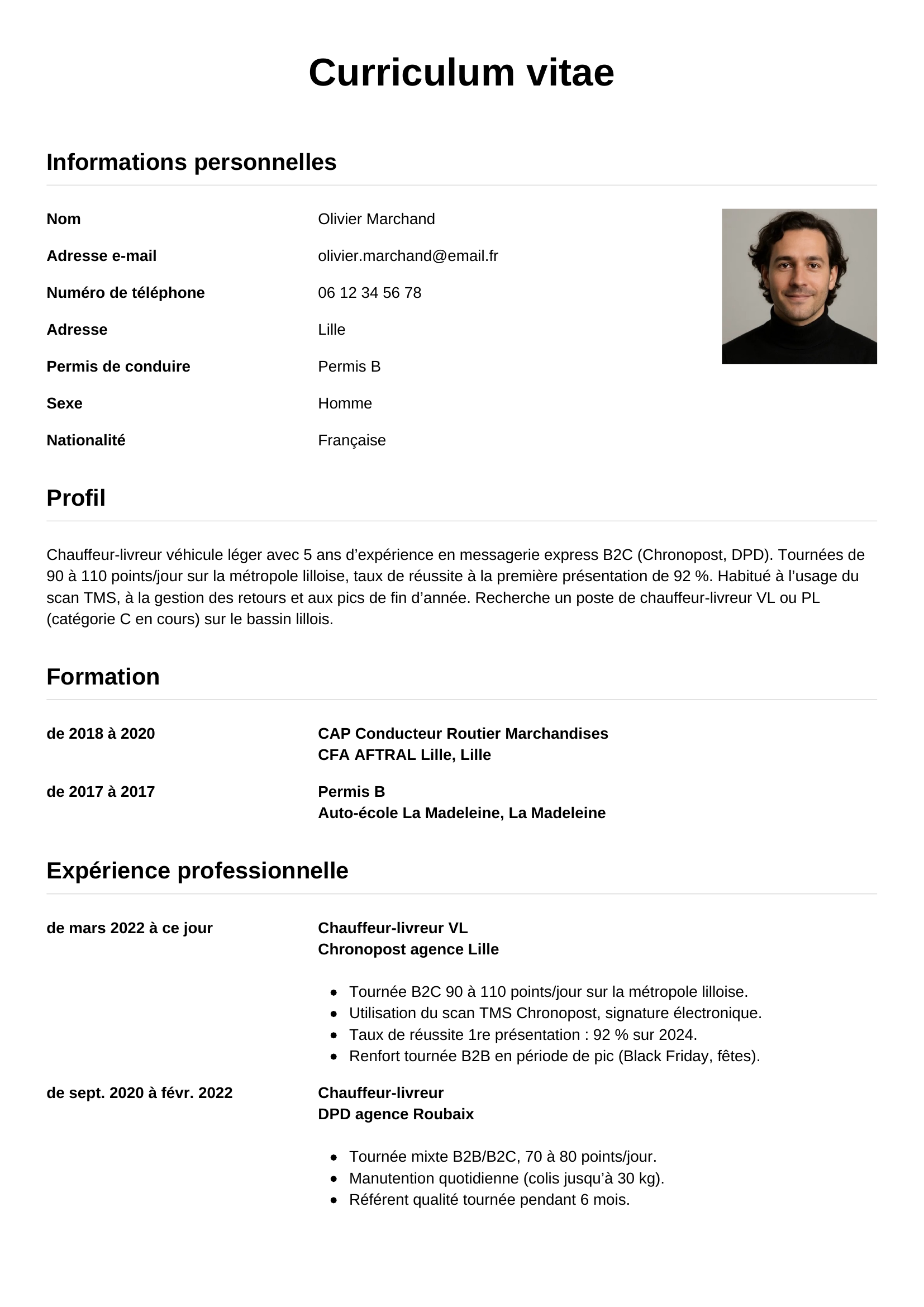 CV chauffeur-livreur — modèle simple