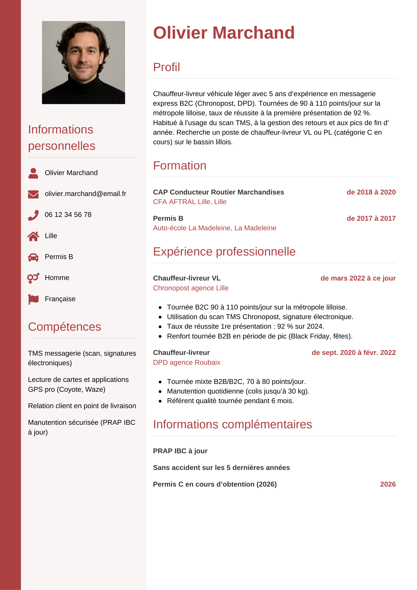 CV chauffeur-livreur — modèle vertical