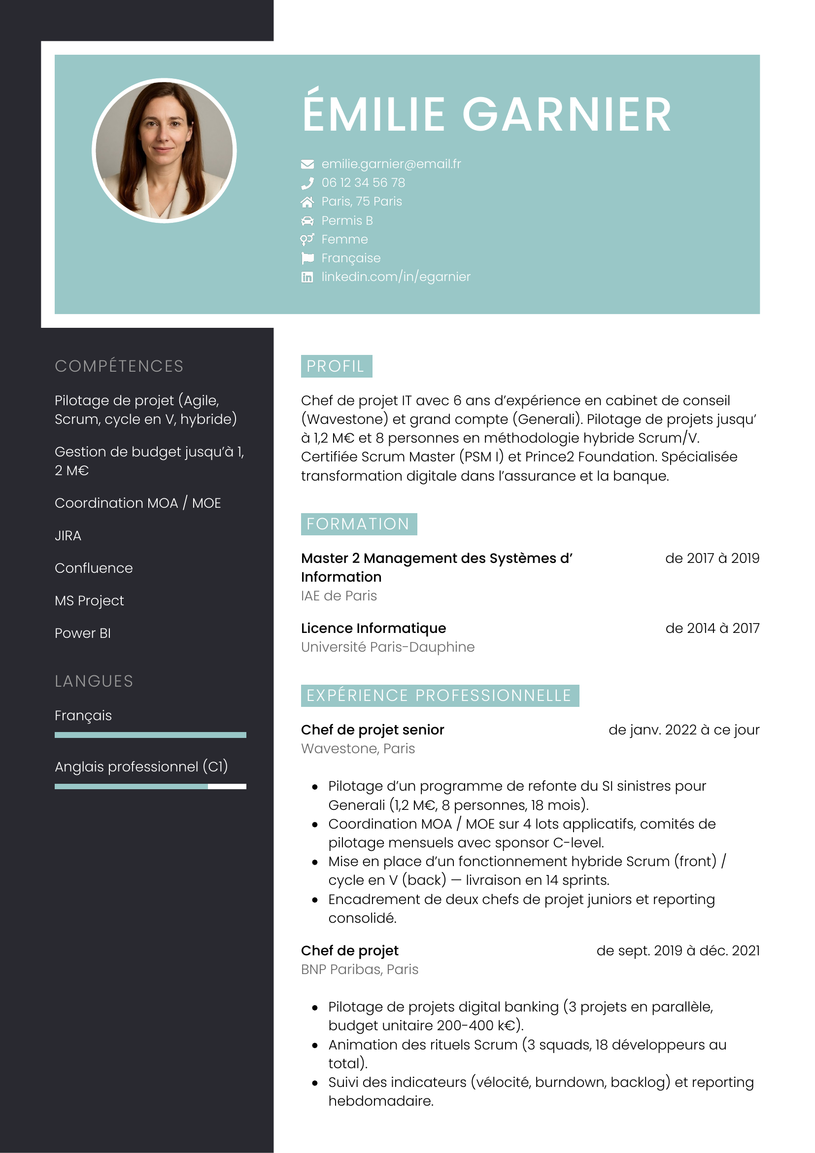 Modèle Élégant — exemple de CV Chef de projet