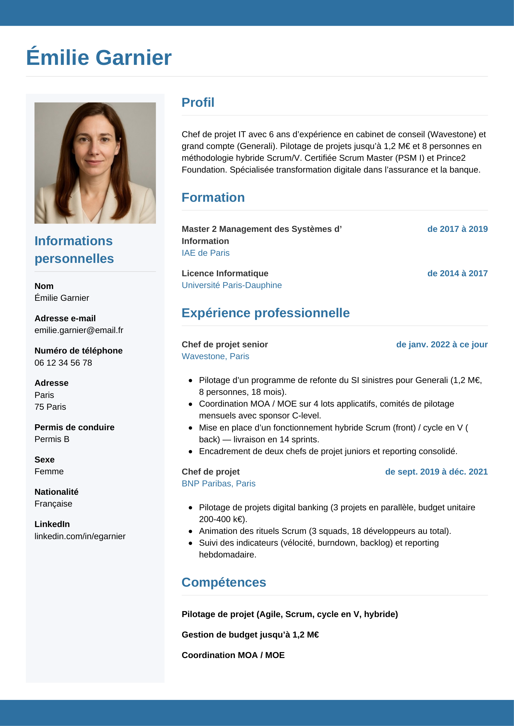 Modèle Horizontal — exemple de CV Chef de projet