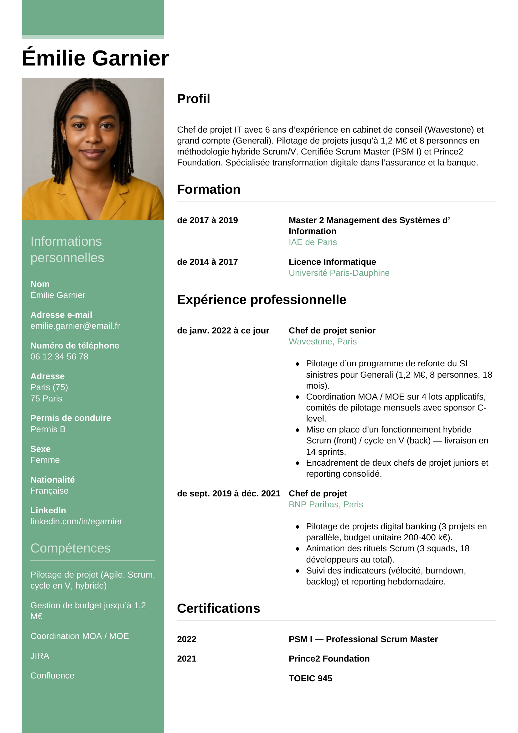Modèle Informel — exemple de CV Chef de projet