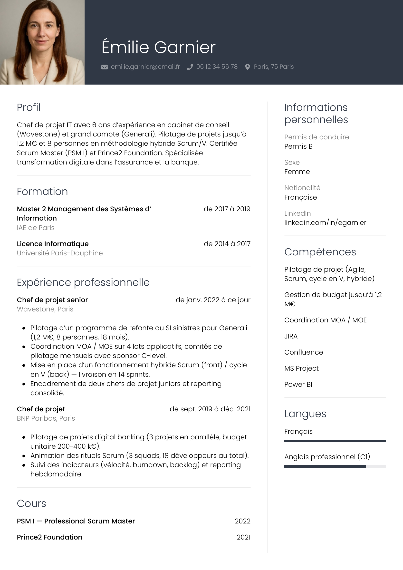 Modèle Professionnel — exemple de CV Chef de projet