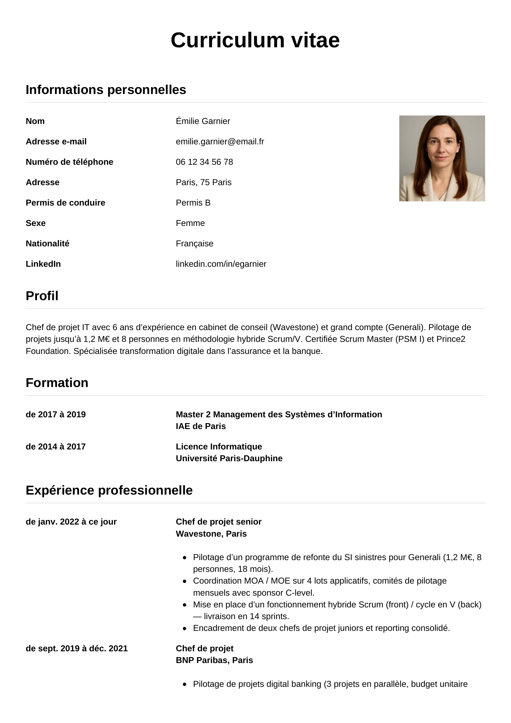 Modèle CV simple pour chef-de-projet