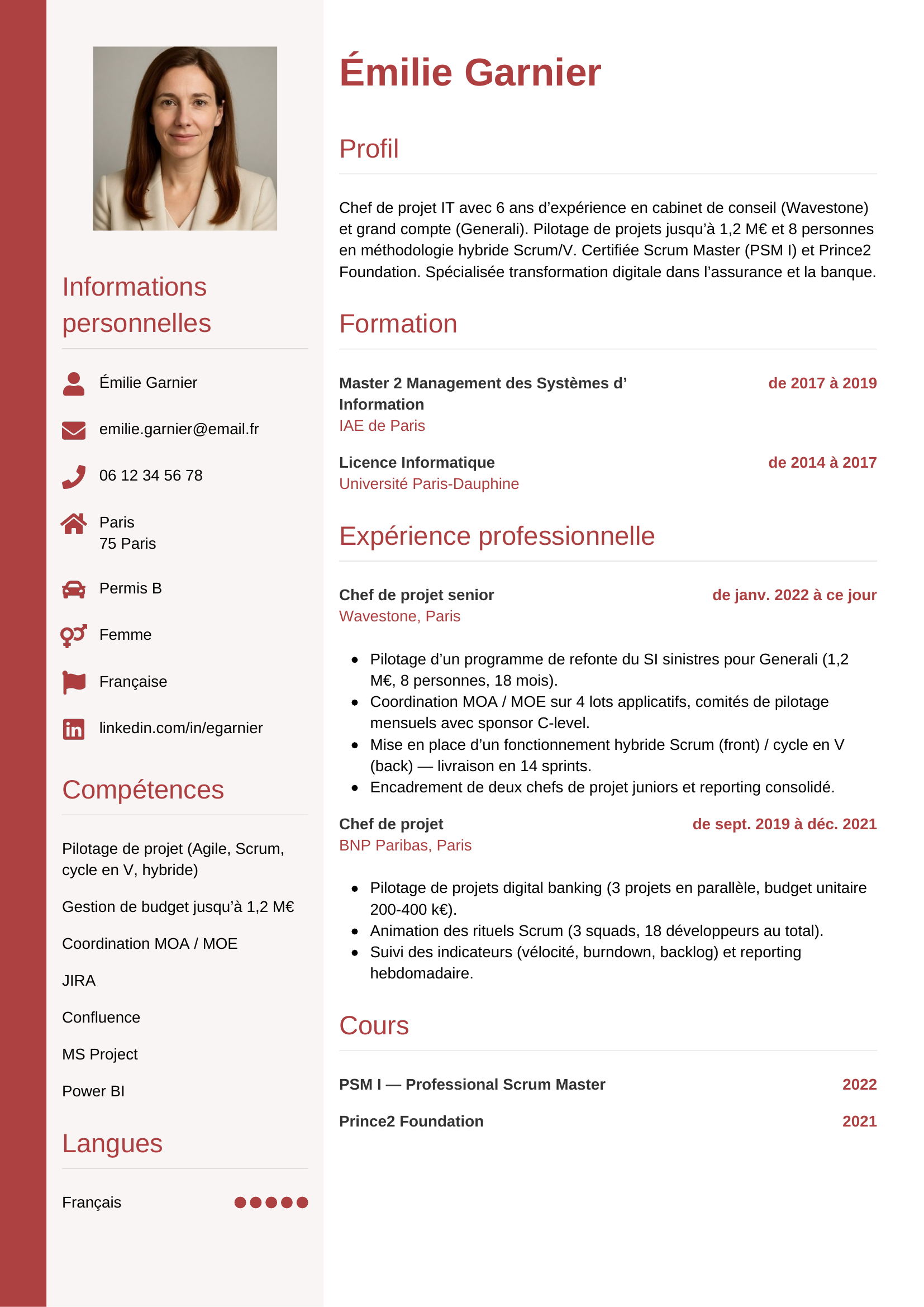 Modèle Vertical — exemple de CV Chef de projet