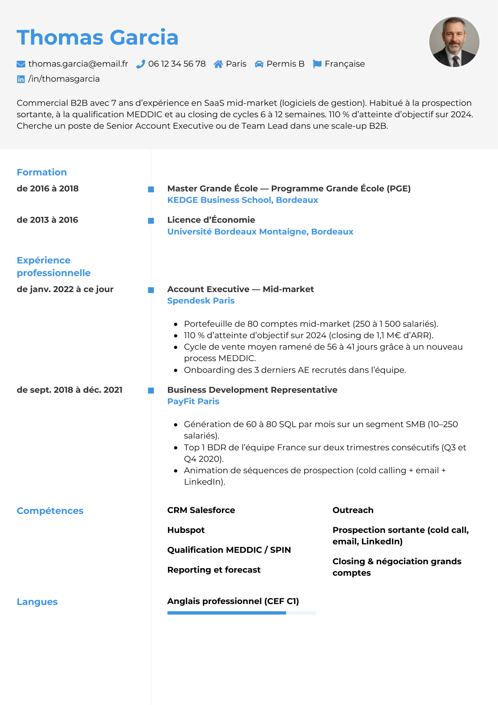 Modèle Chrono — exemple de CV Commercial