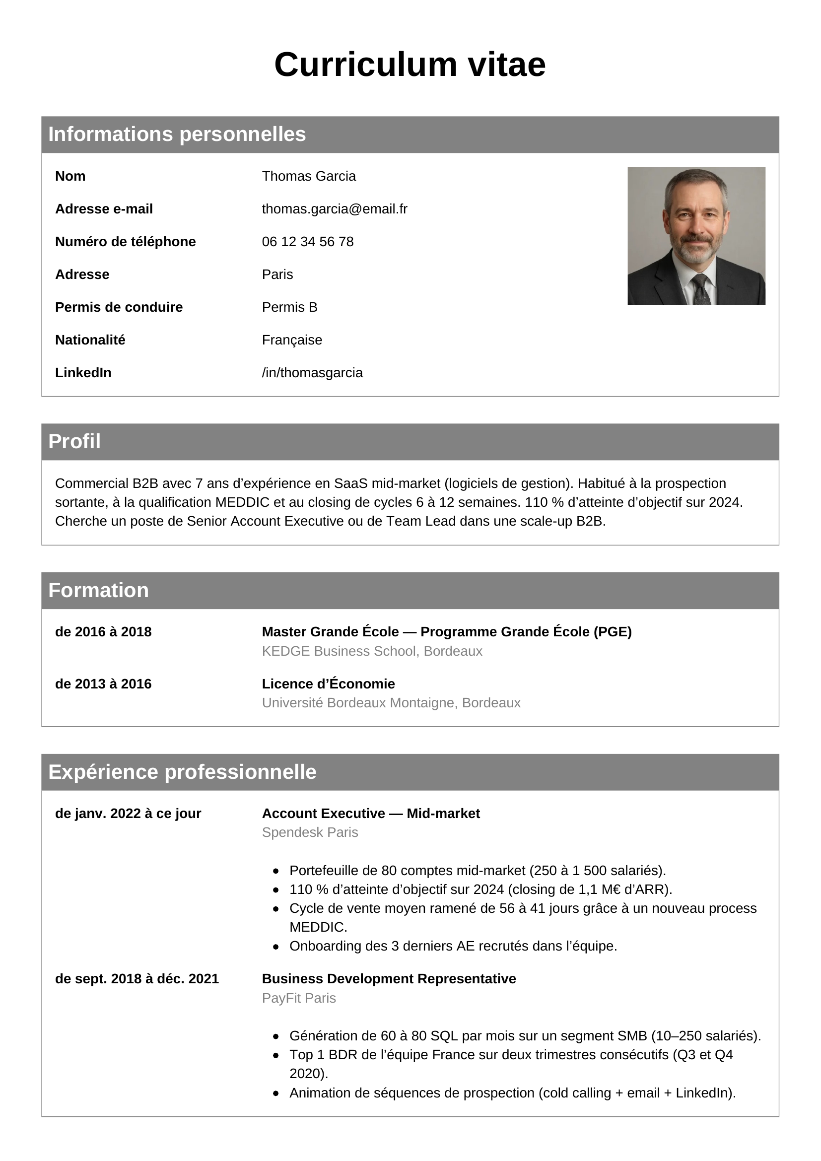 Modèle Classique — exemple de CV Commercial