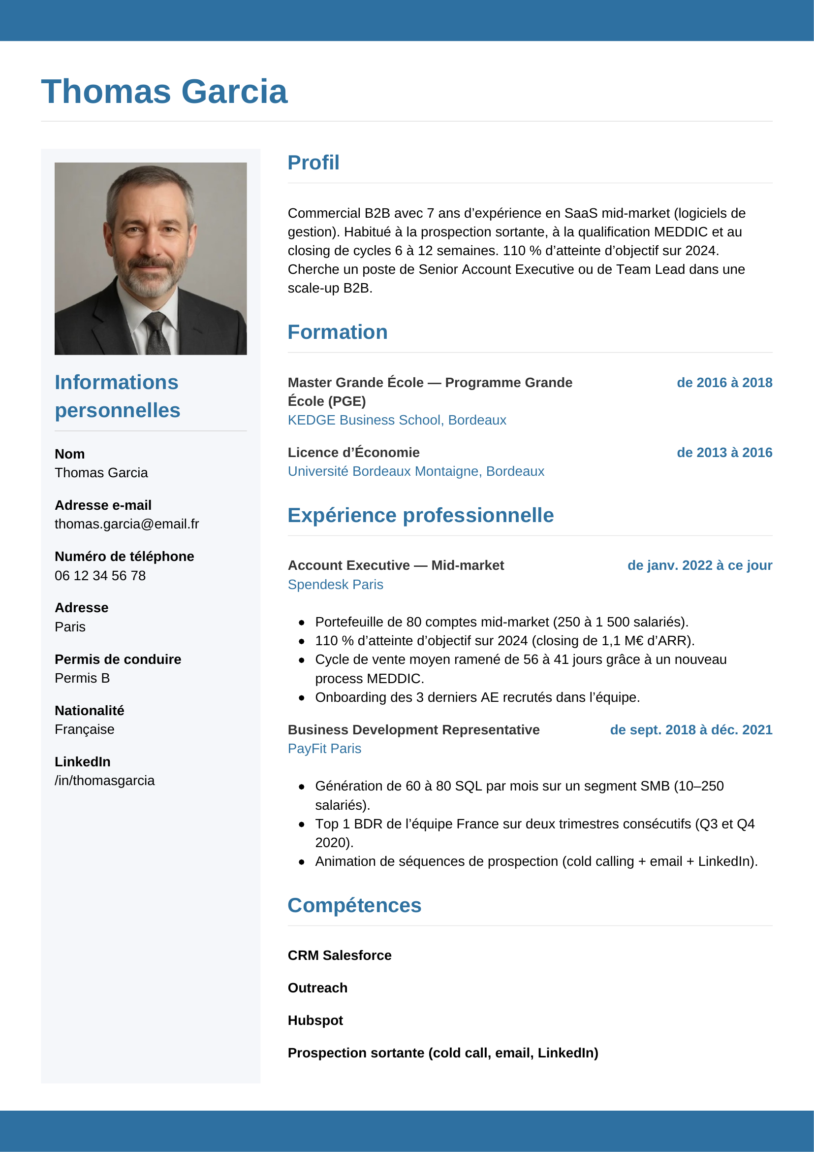 Modèle Horizontal — exemple de CV Commercial