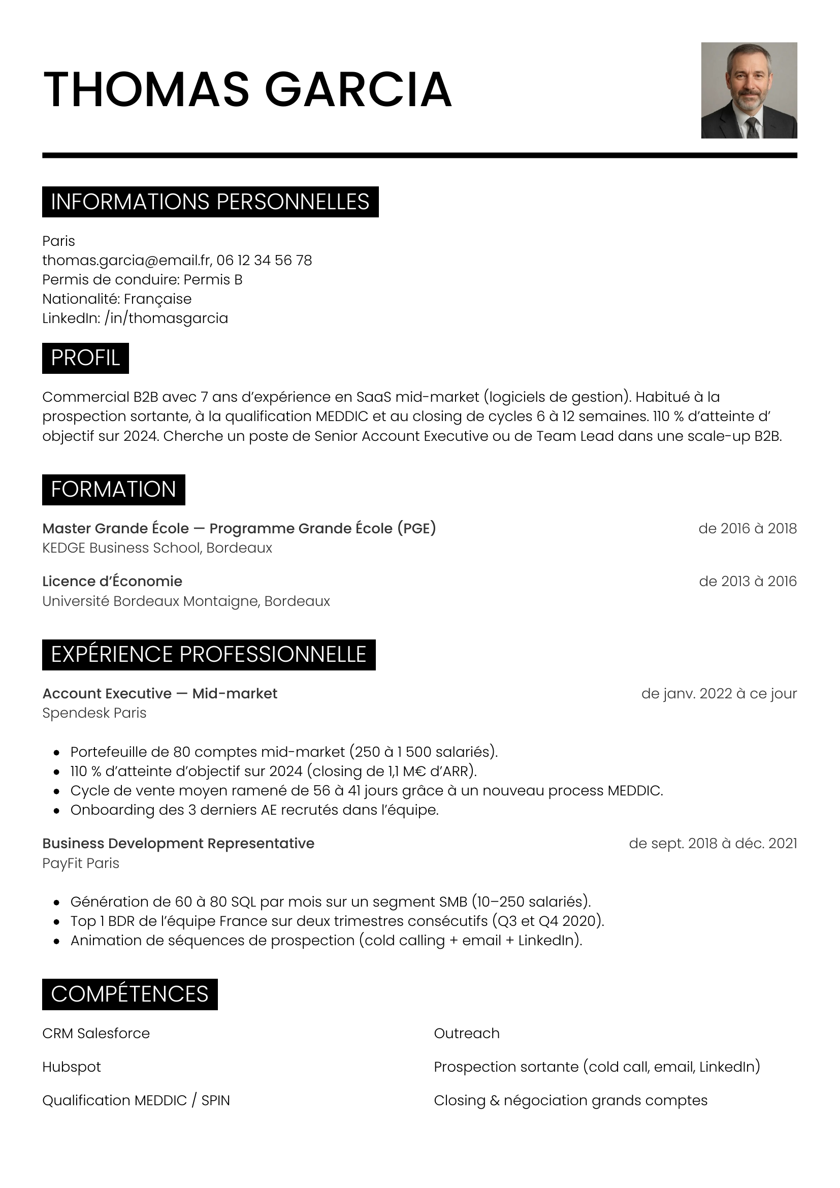 Modèle Métro — exemple de CV Commercial