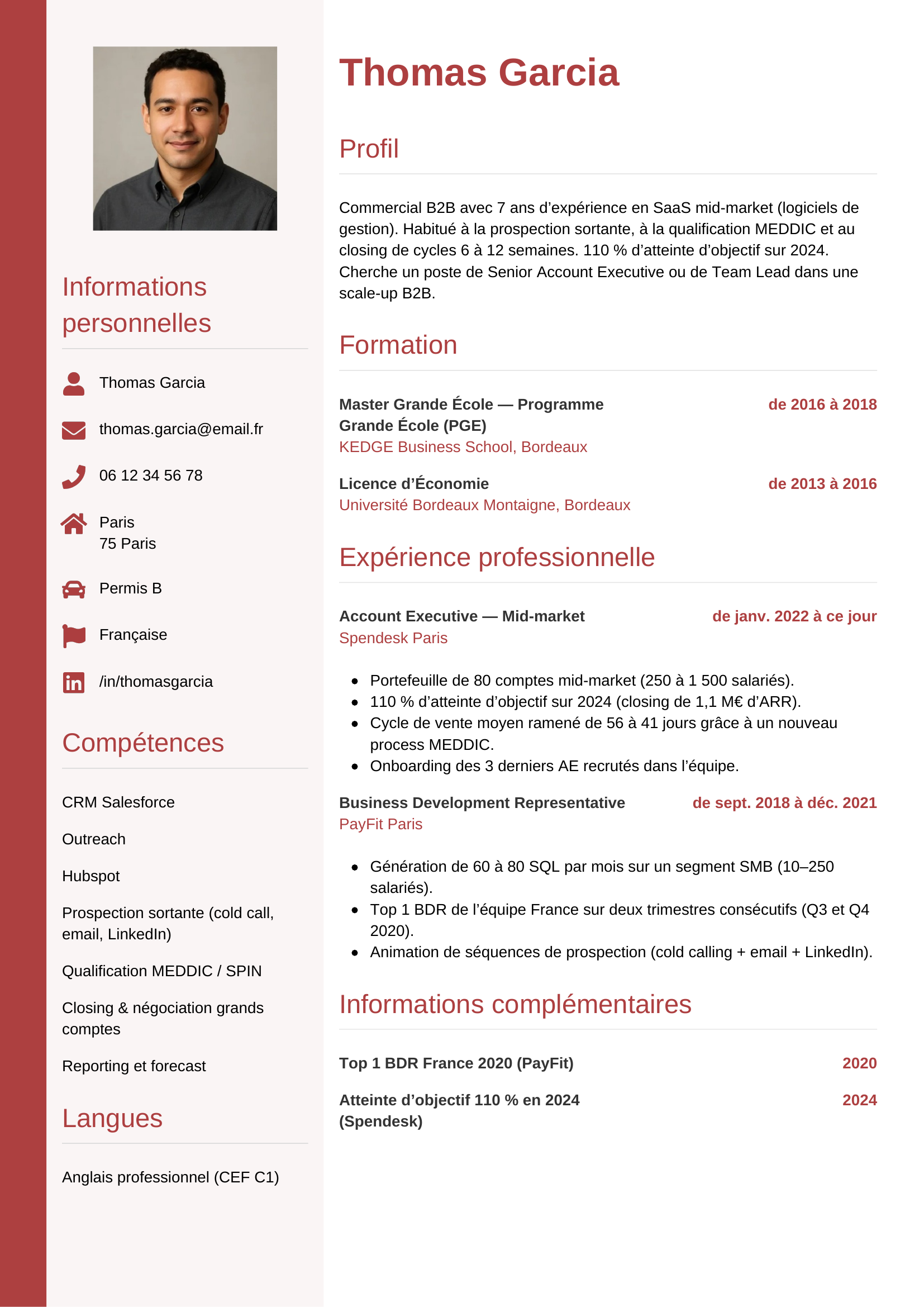 Modèle Vertical — exemple de CV Commercial