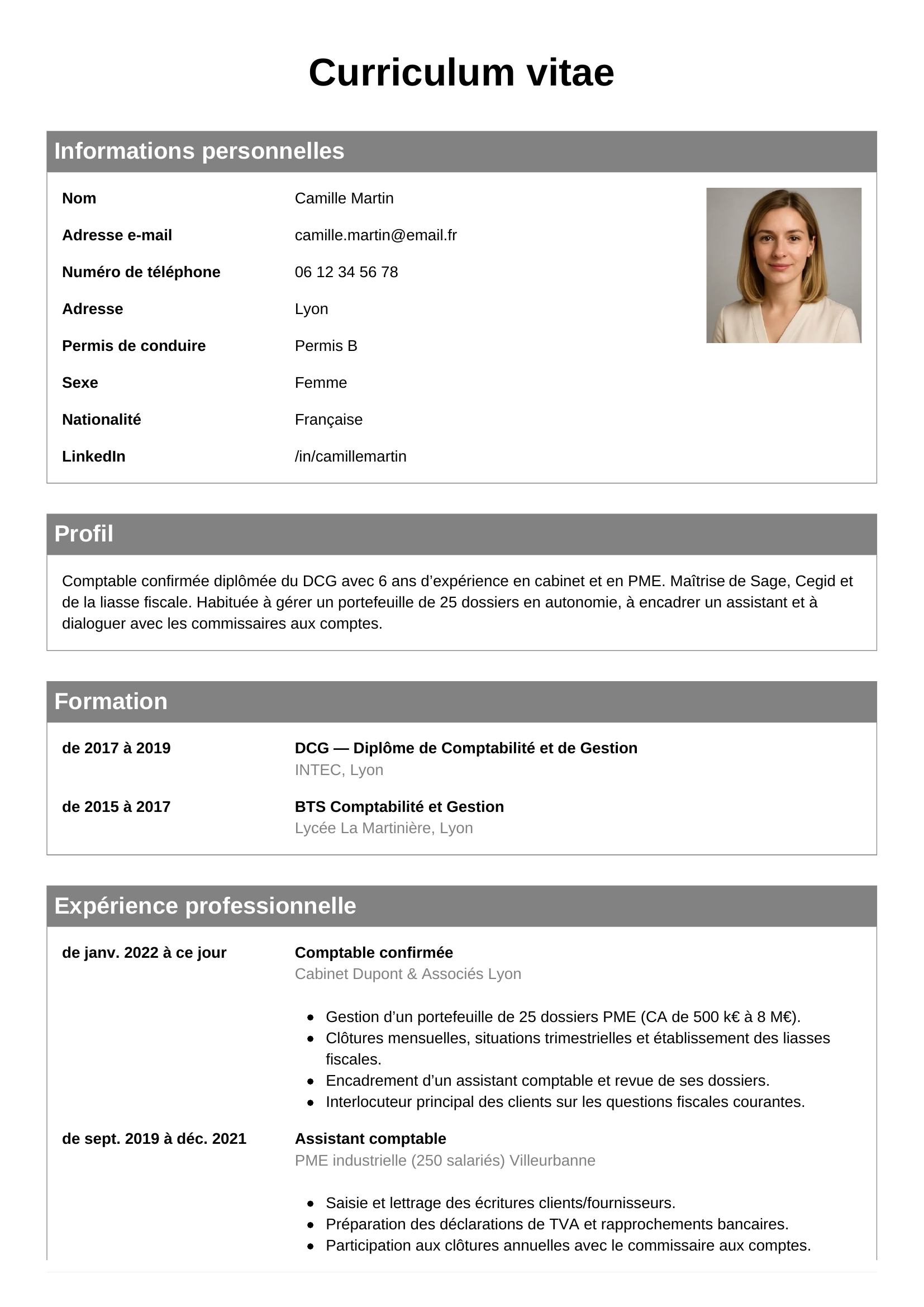Modèle Classique — exemple de CV Comptable