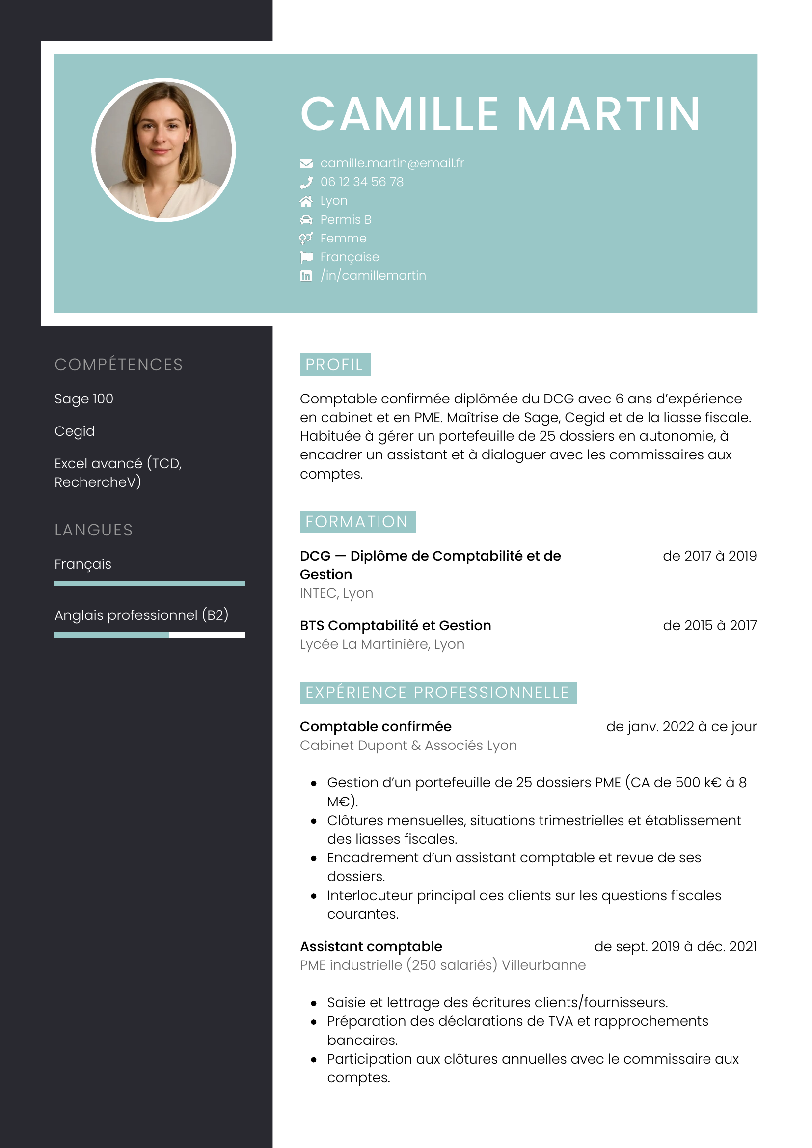 Modèle Élégant — exemple de CV Comptable