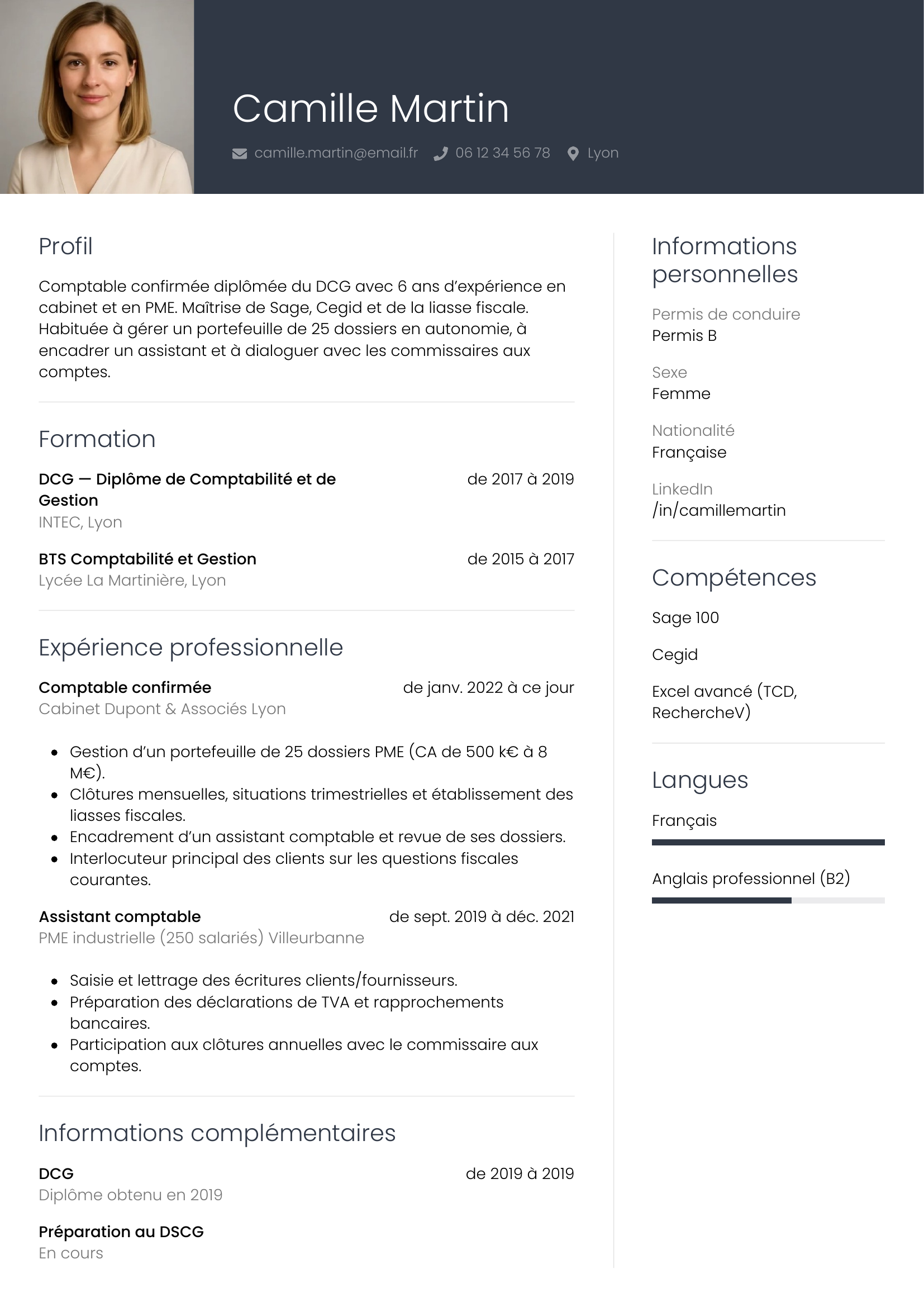 Modèle CV professionnel pour comptable