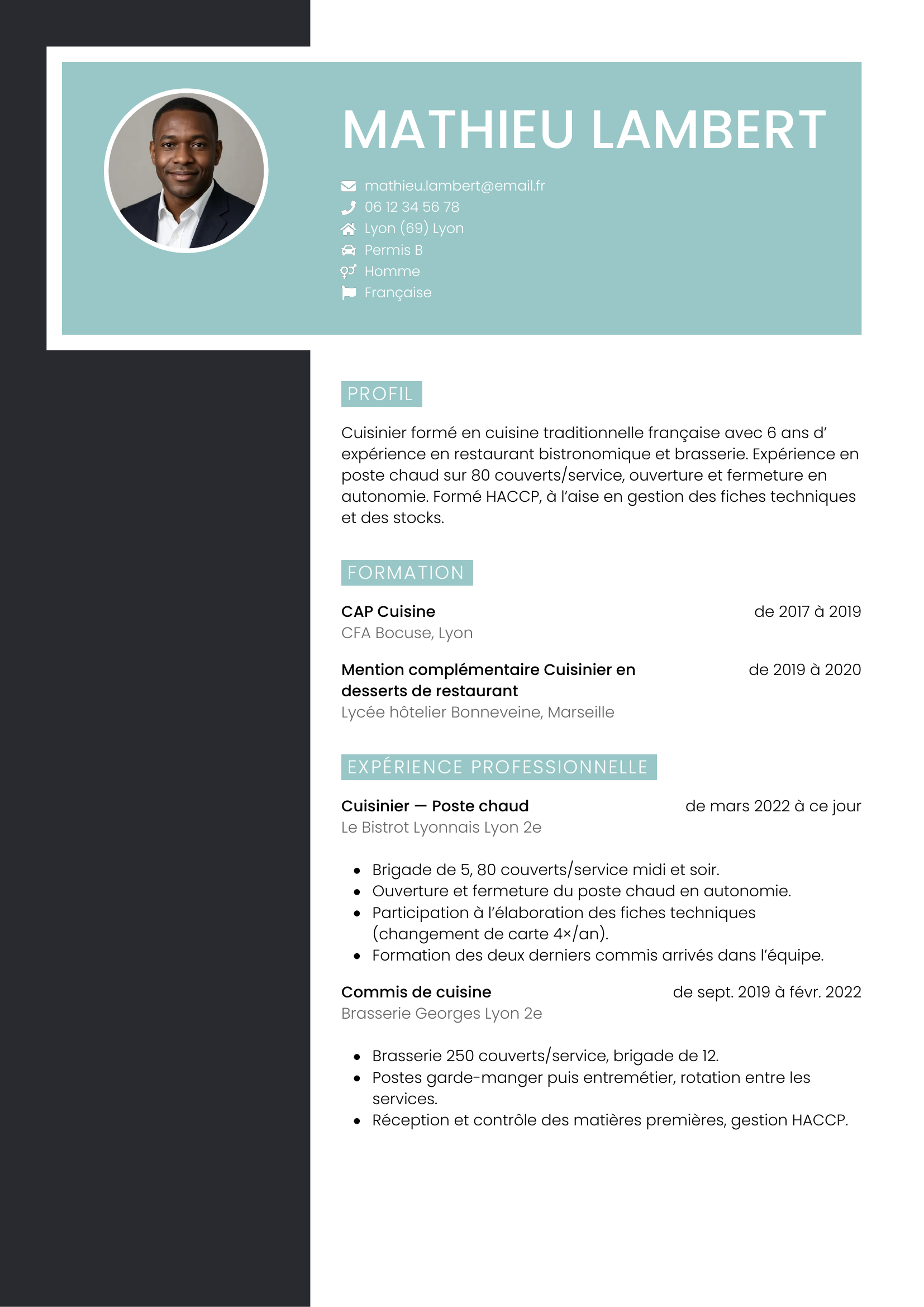 Modèle Élégant — exemple de CV Cuisinier