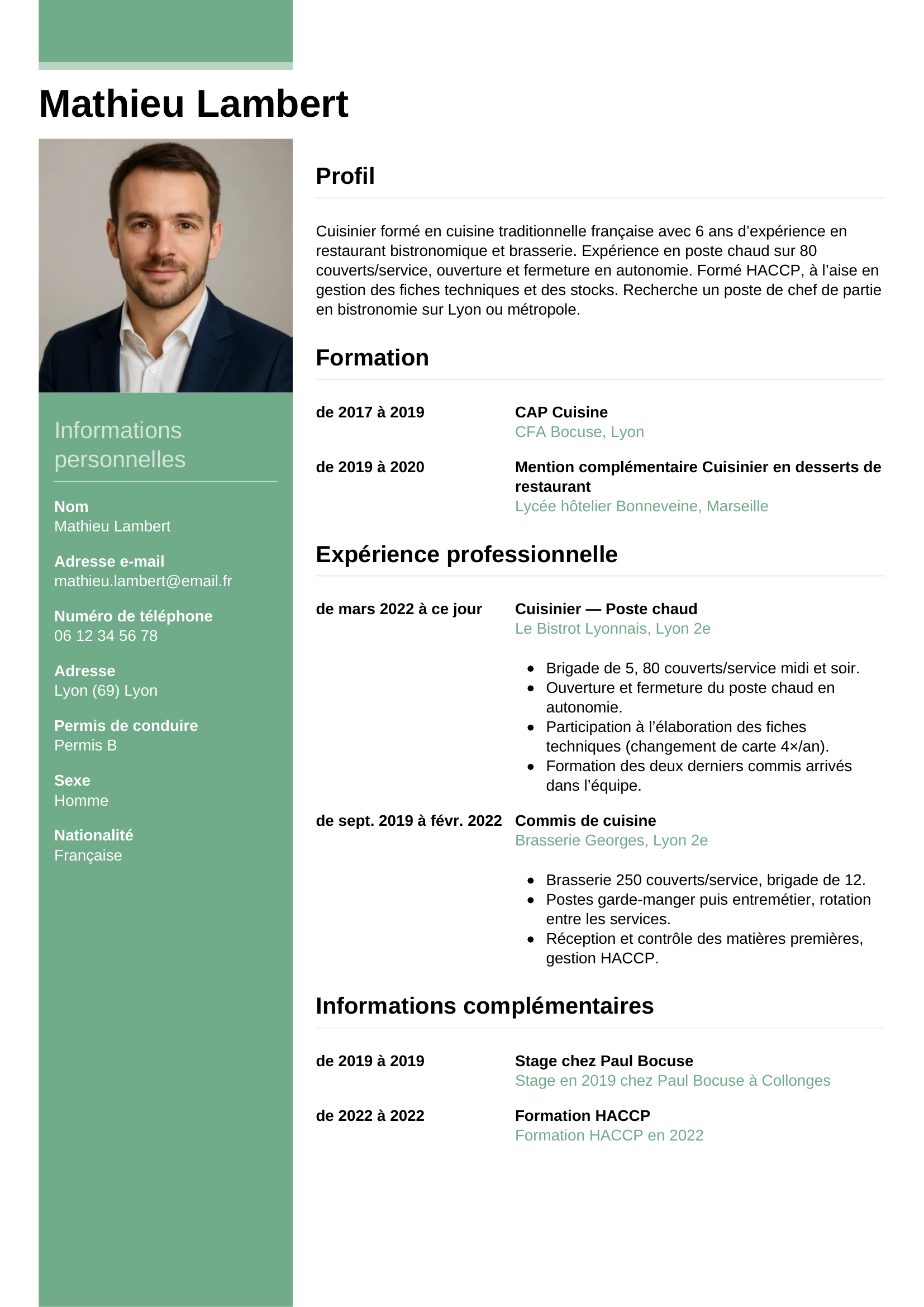 CV cuisinier — modèle informel