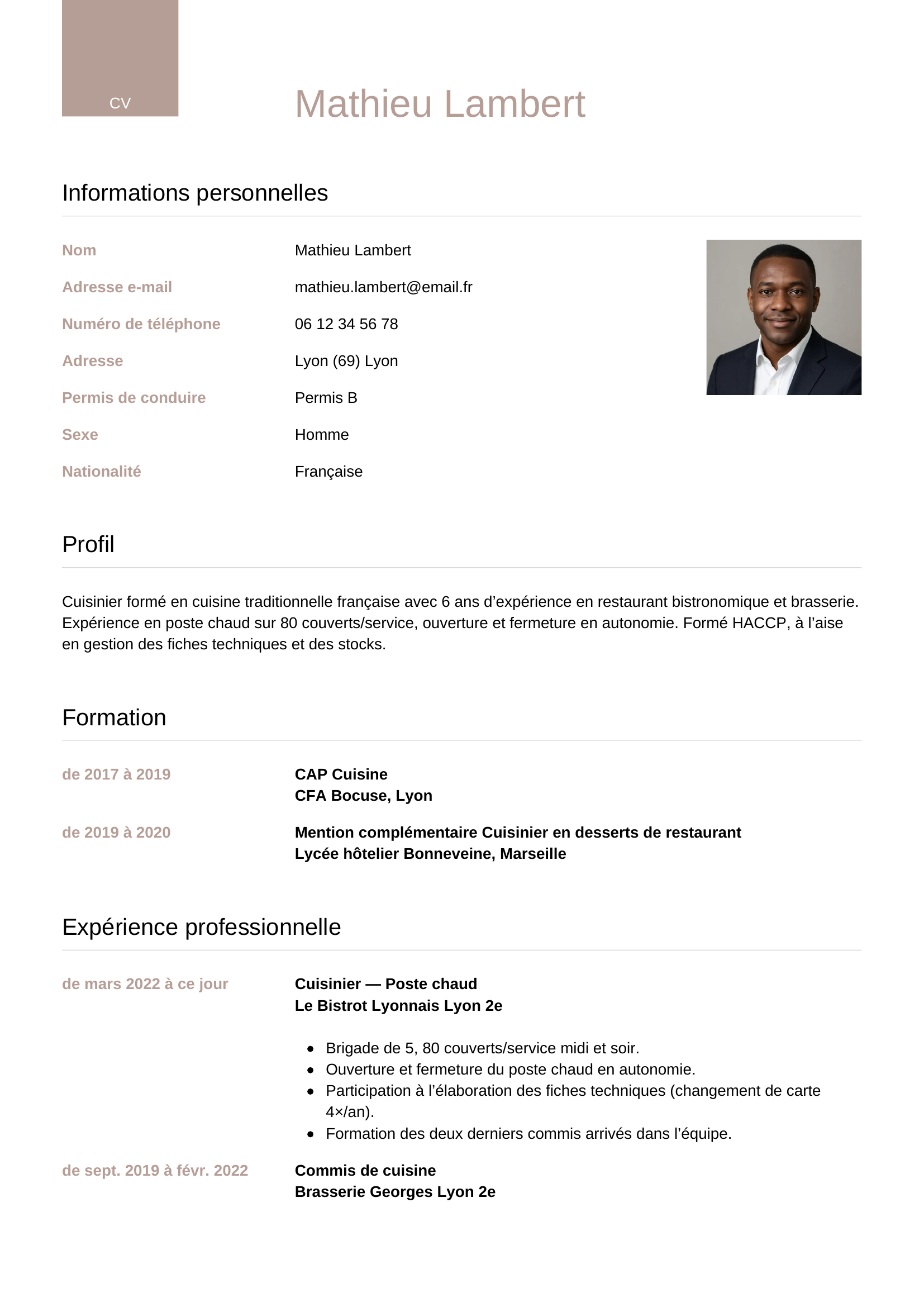CV cuisinier — modèle luxe