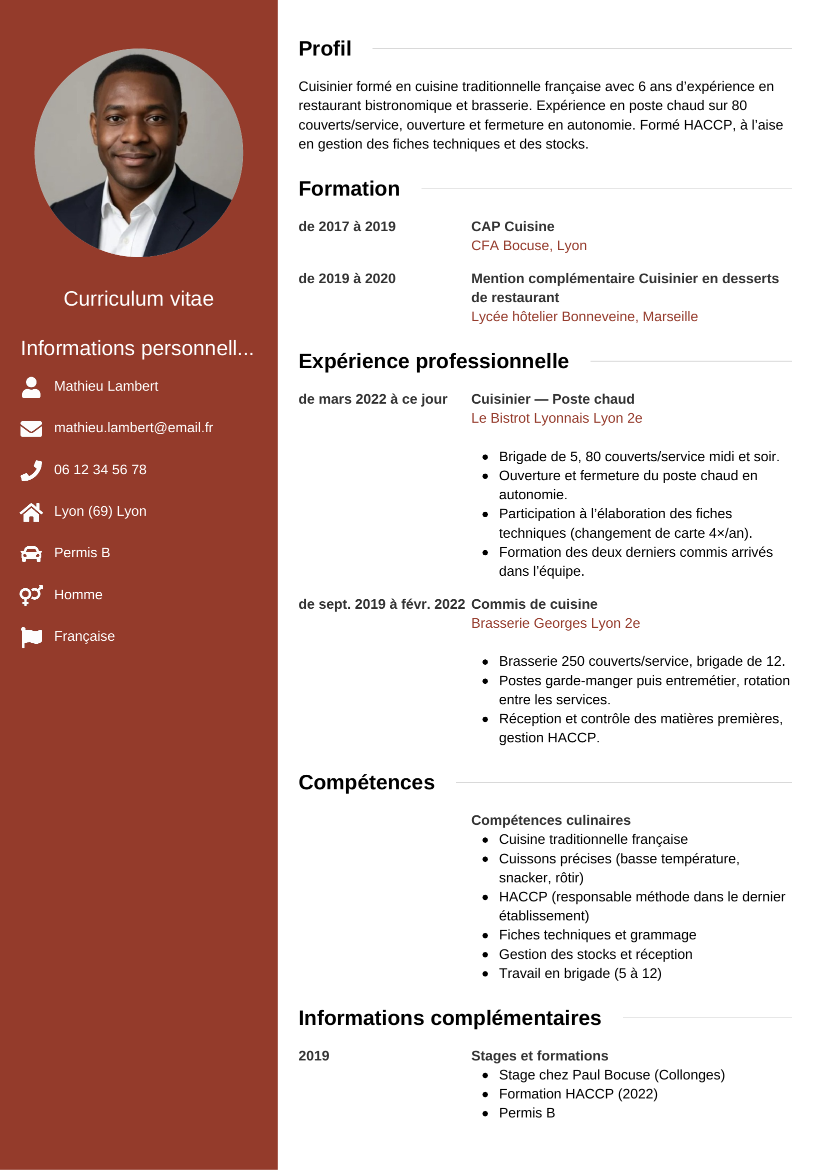 Exemple de CV cuisinier