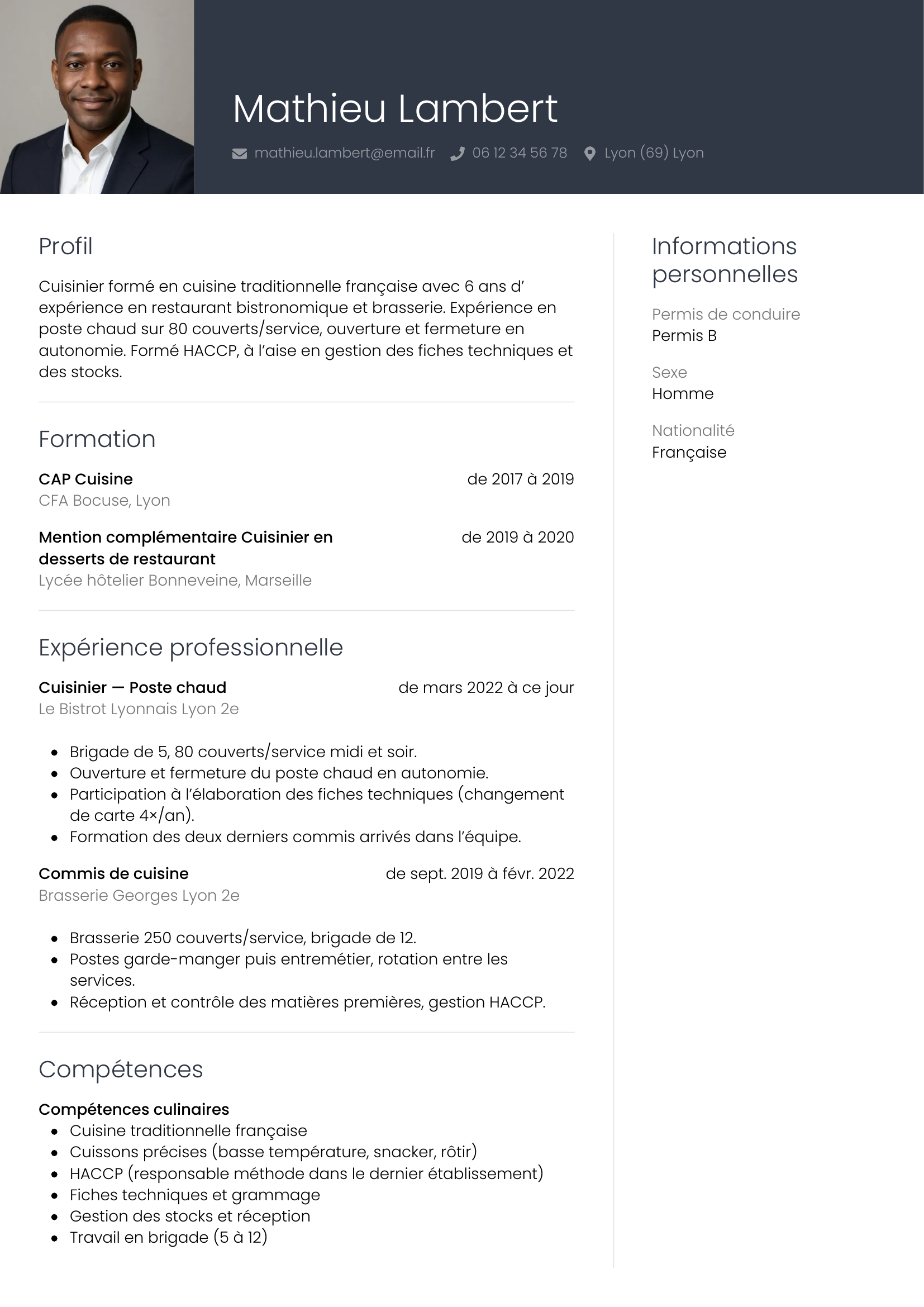 CV cuisinier — modèle professionnel
