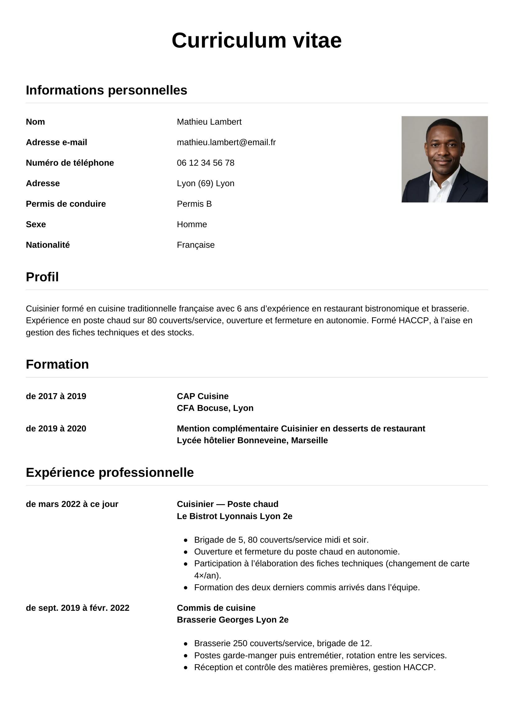 CV cuisinier — modèle simple