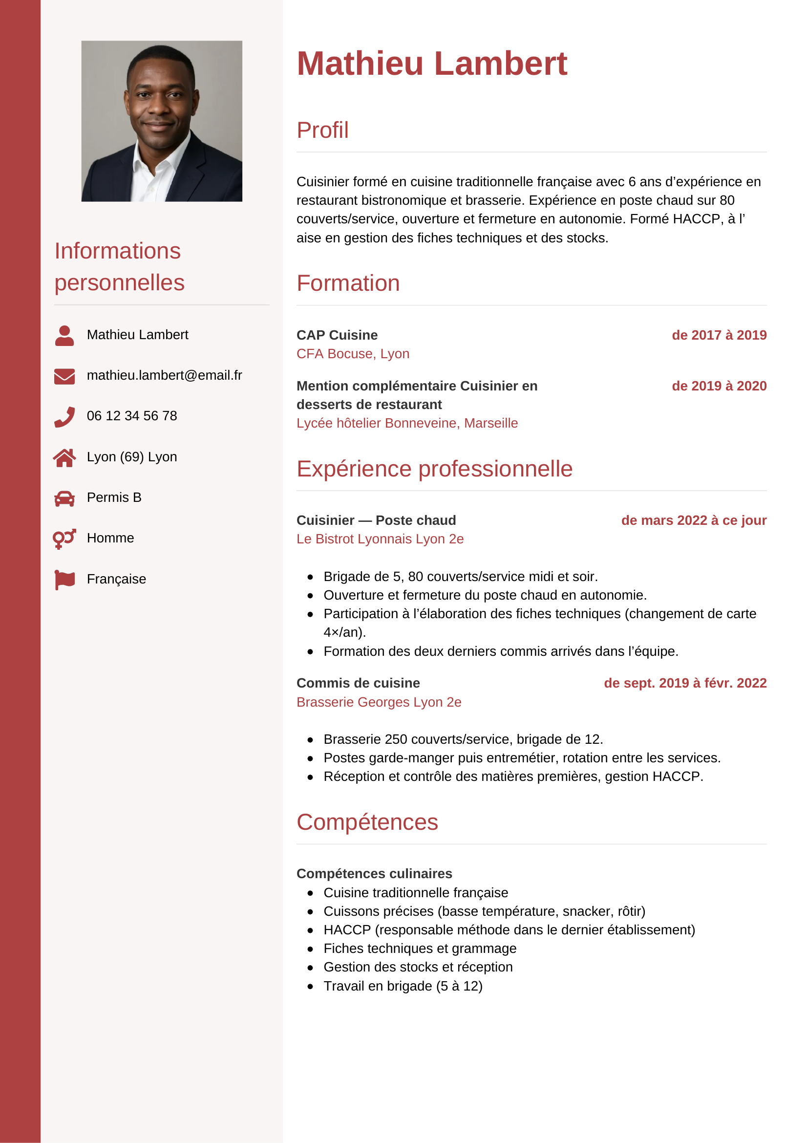 CV cuisinier — modèle vertical