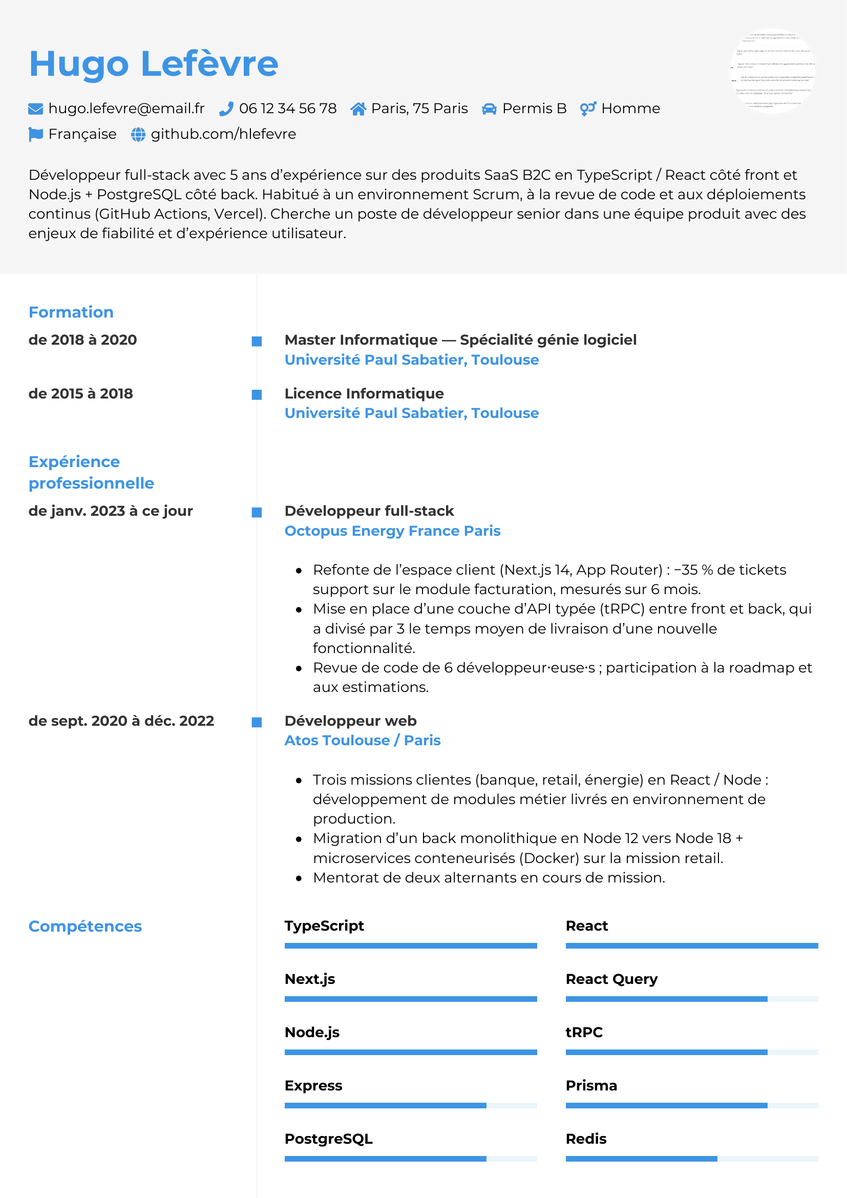 CV développeur — modèle chrono