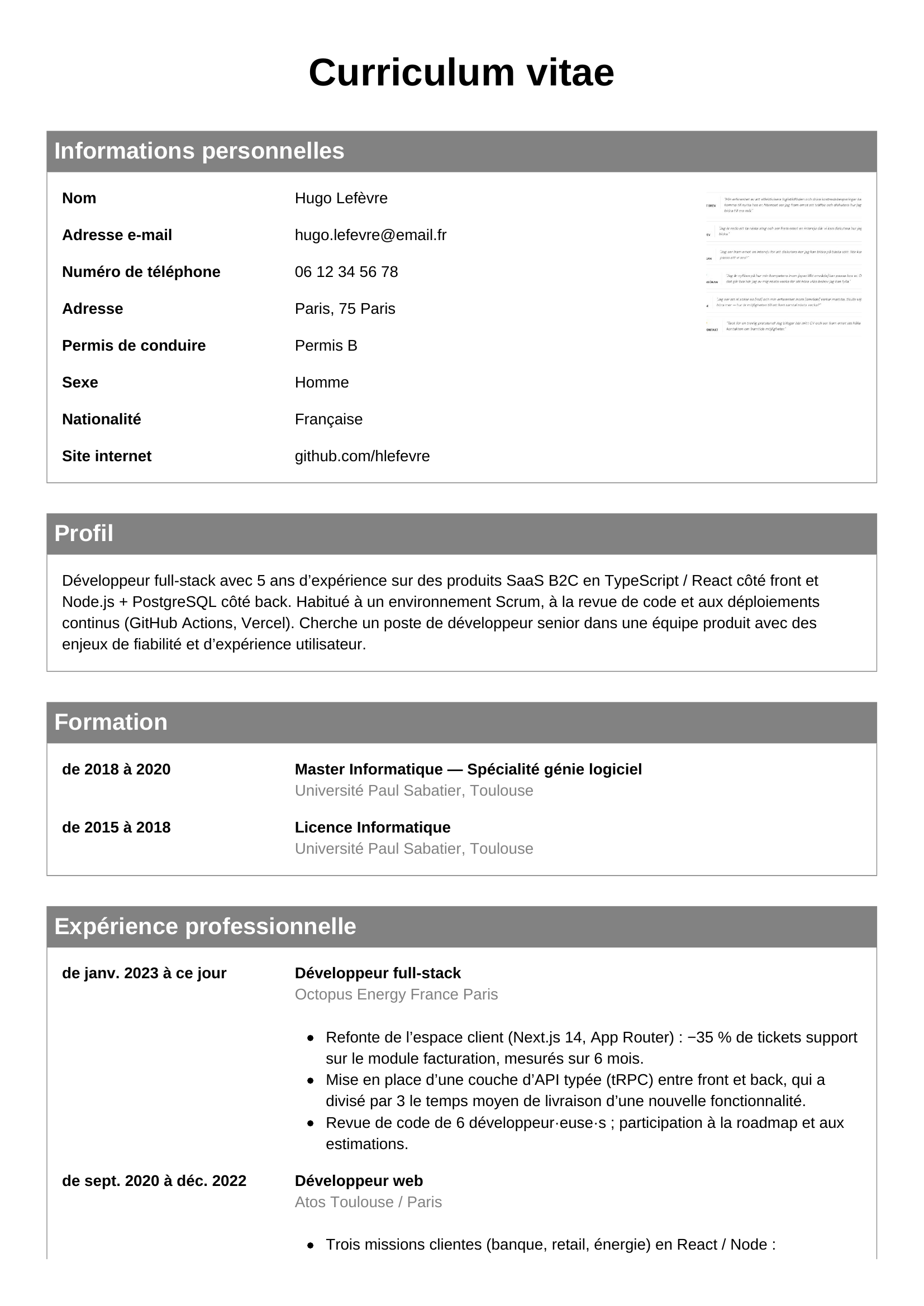 CV développeur — modèle classique