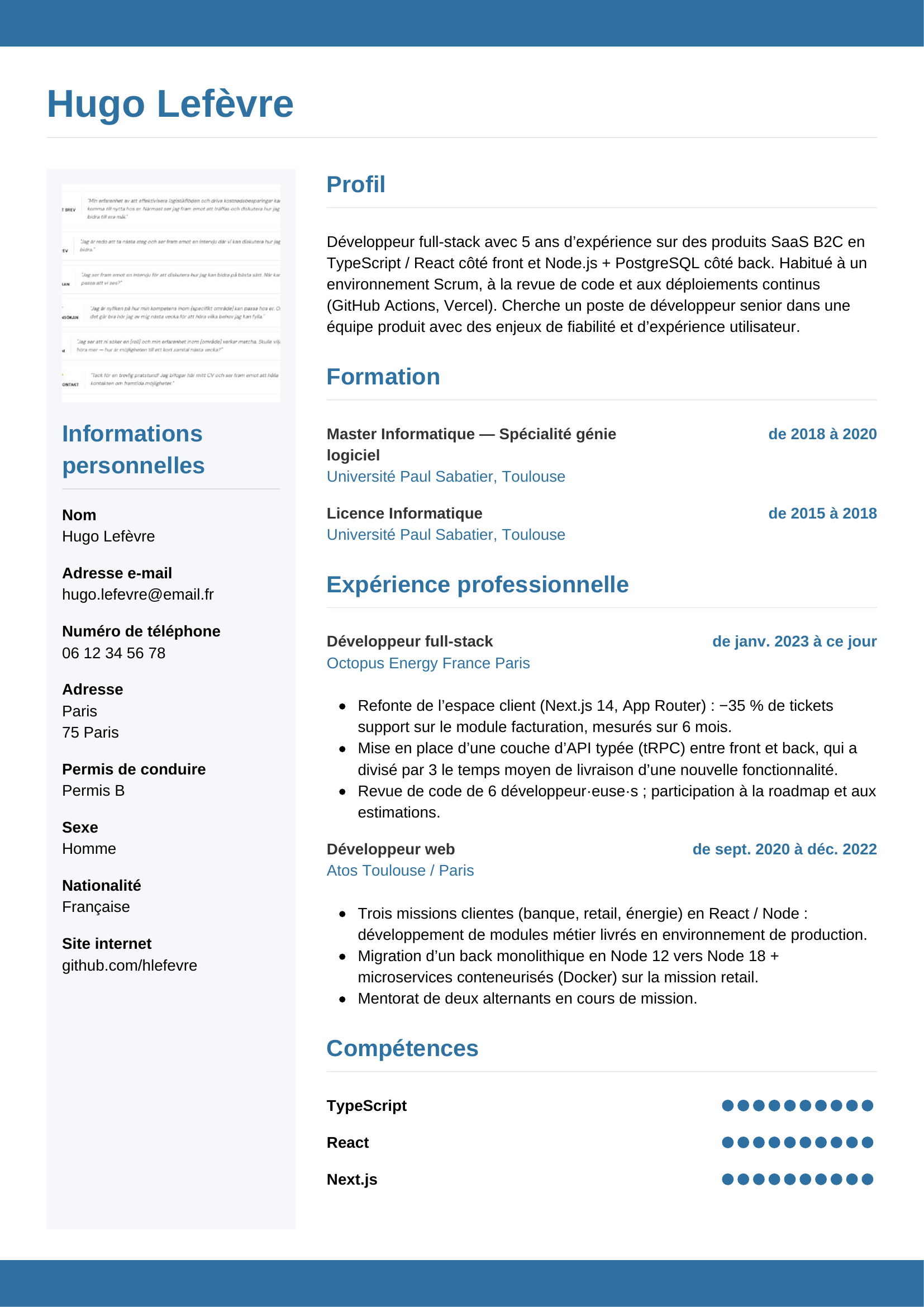CV développeur — modèle horizontal
