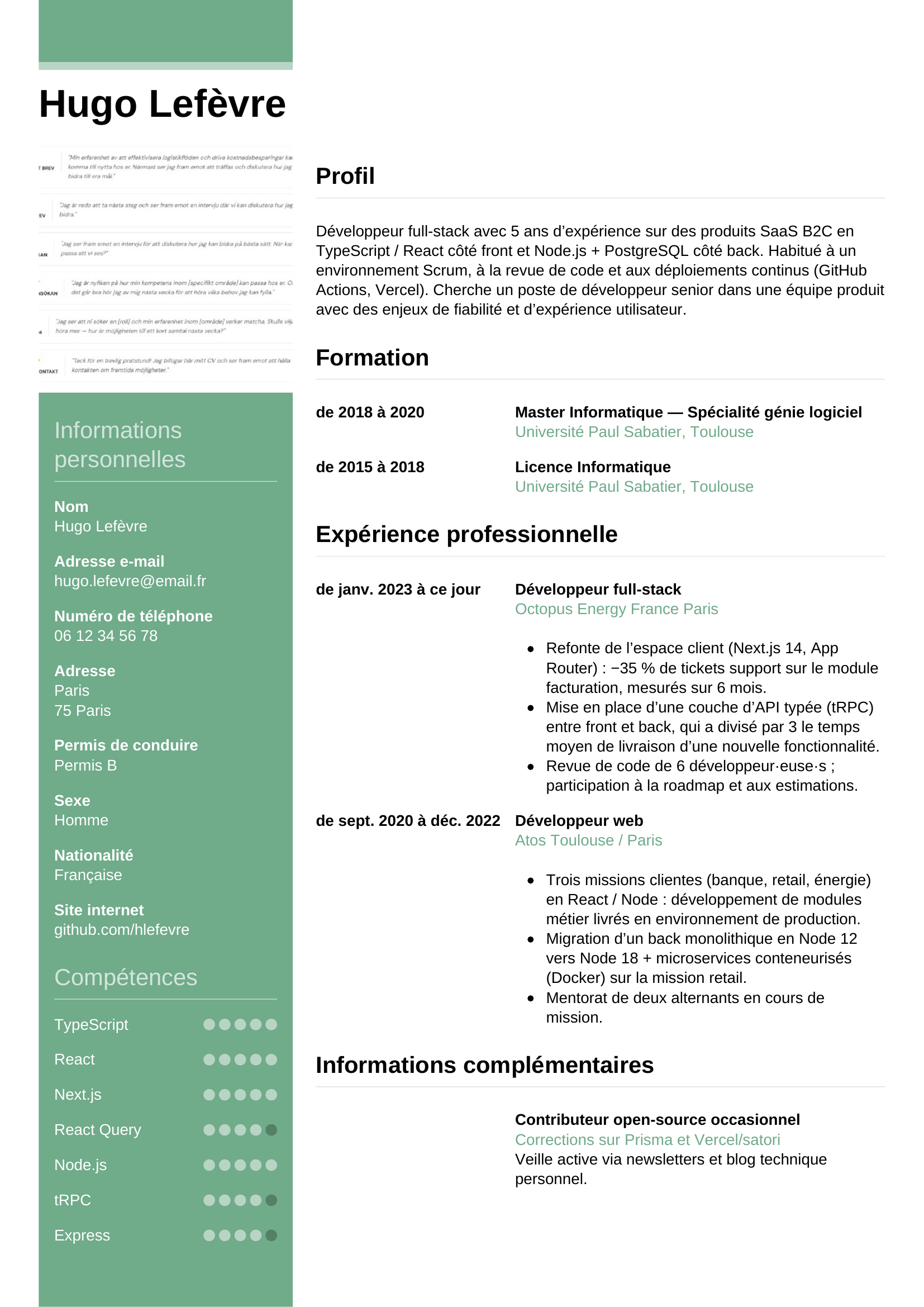 CV développeur — modèle informel