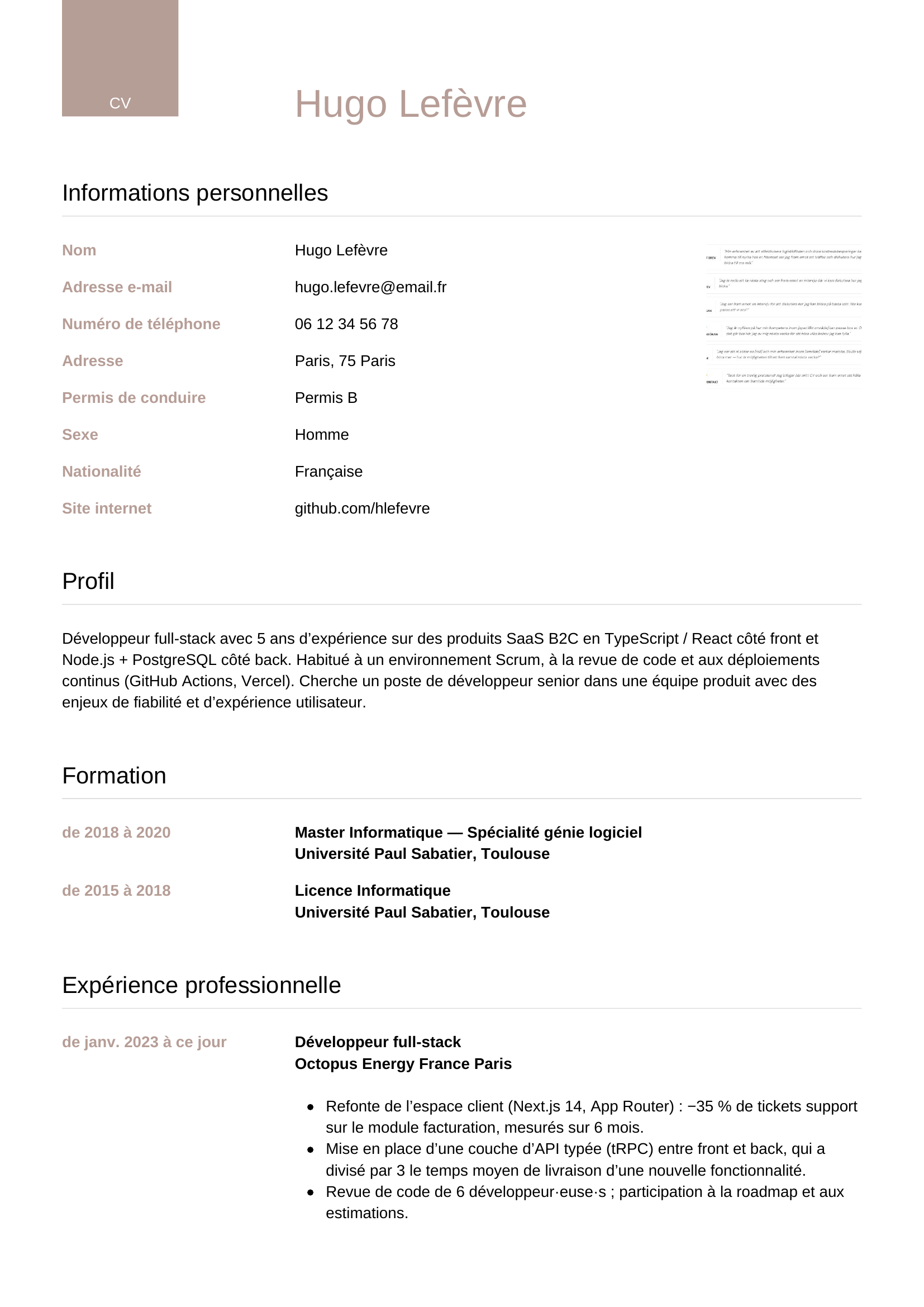 CV développeur — modèle luxe