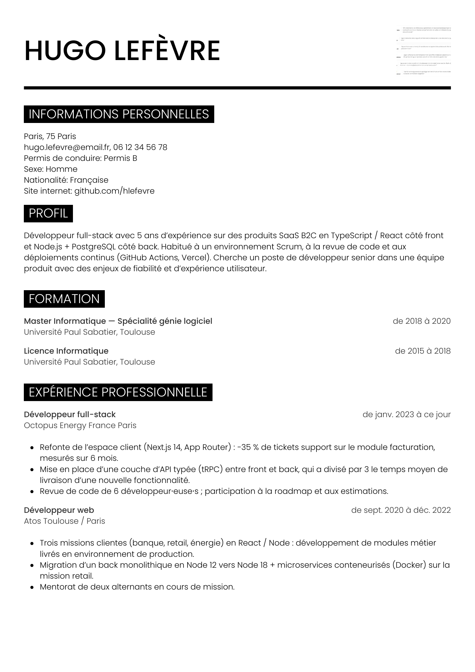 CV développeur — modèle métro