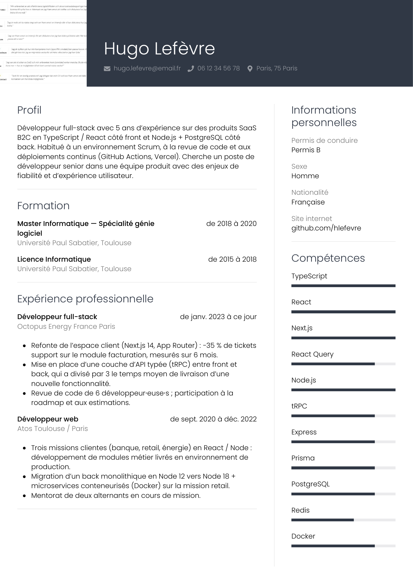 CV développeur — modèle professionnel