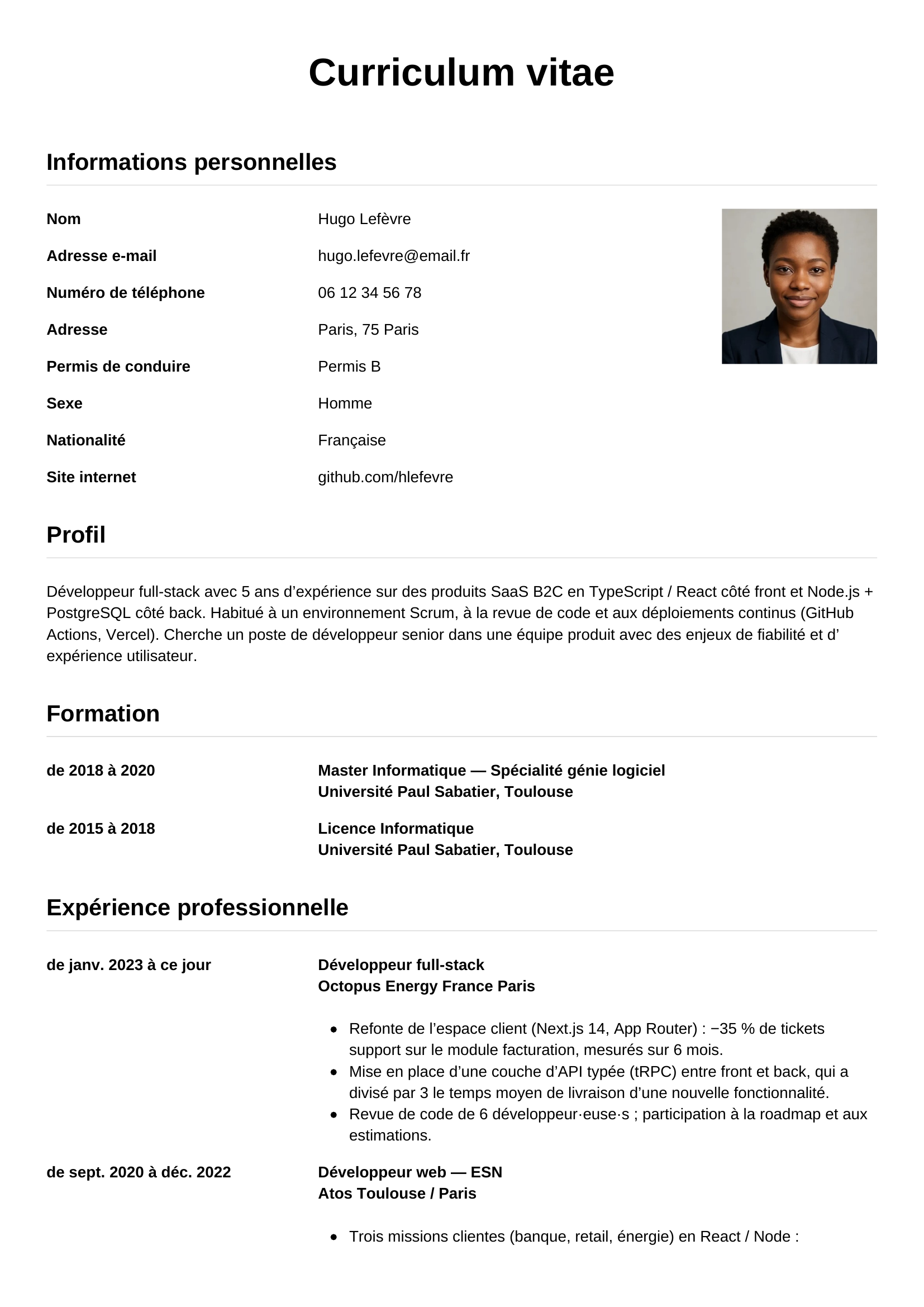 CV développeur — modèle simple