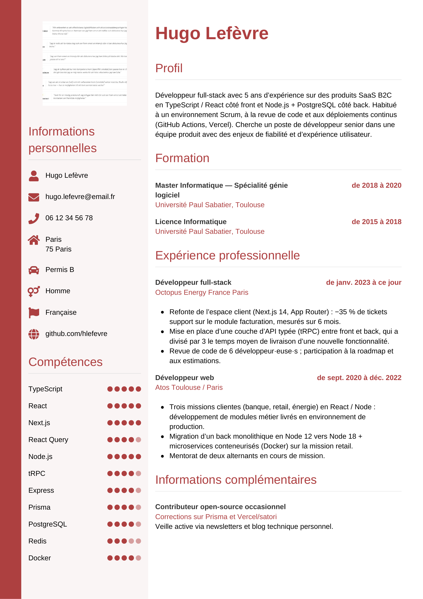 CV développeur — modèle vertical
