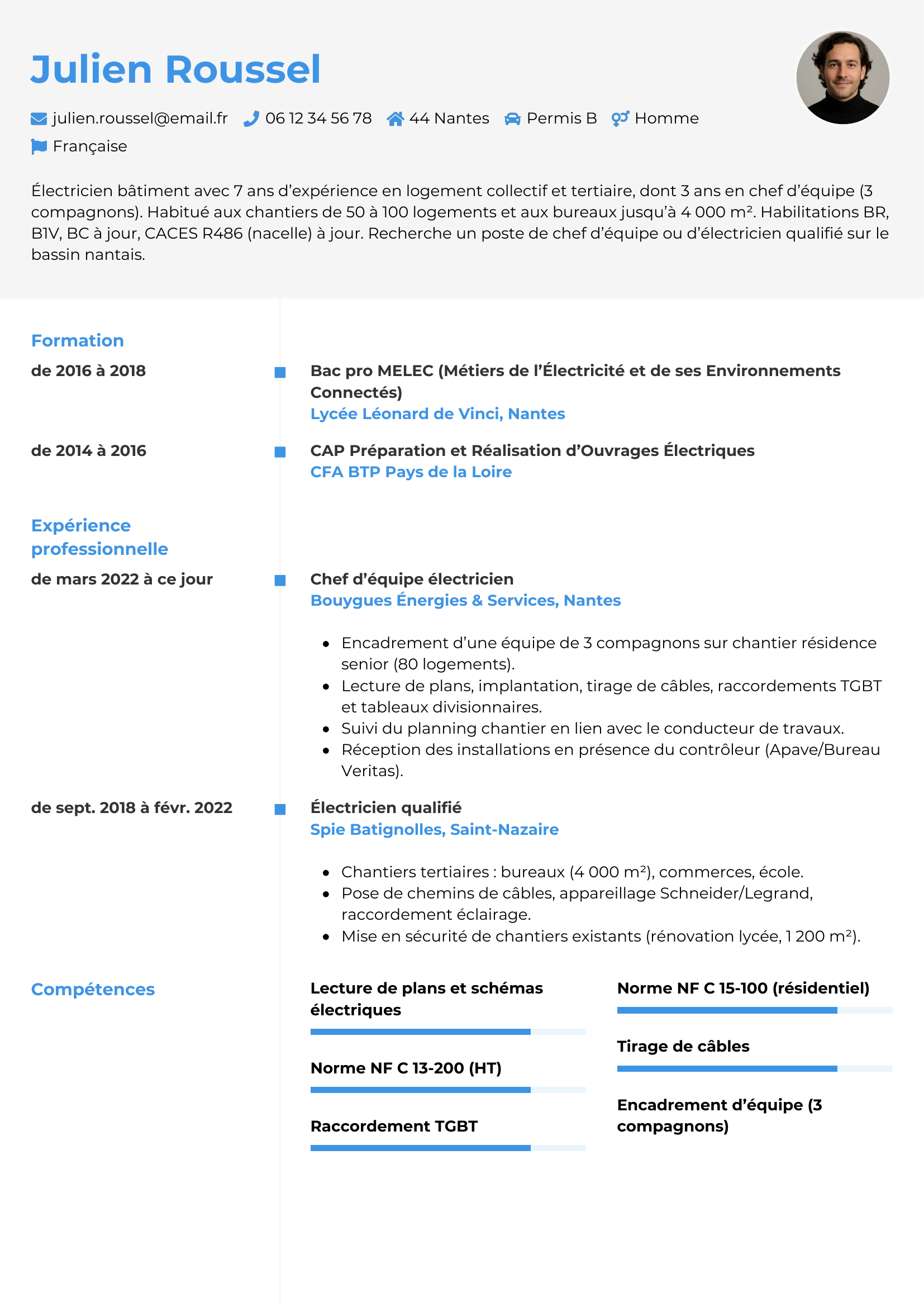 Modèle Chrono — exemple de CV Électricien
