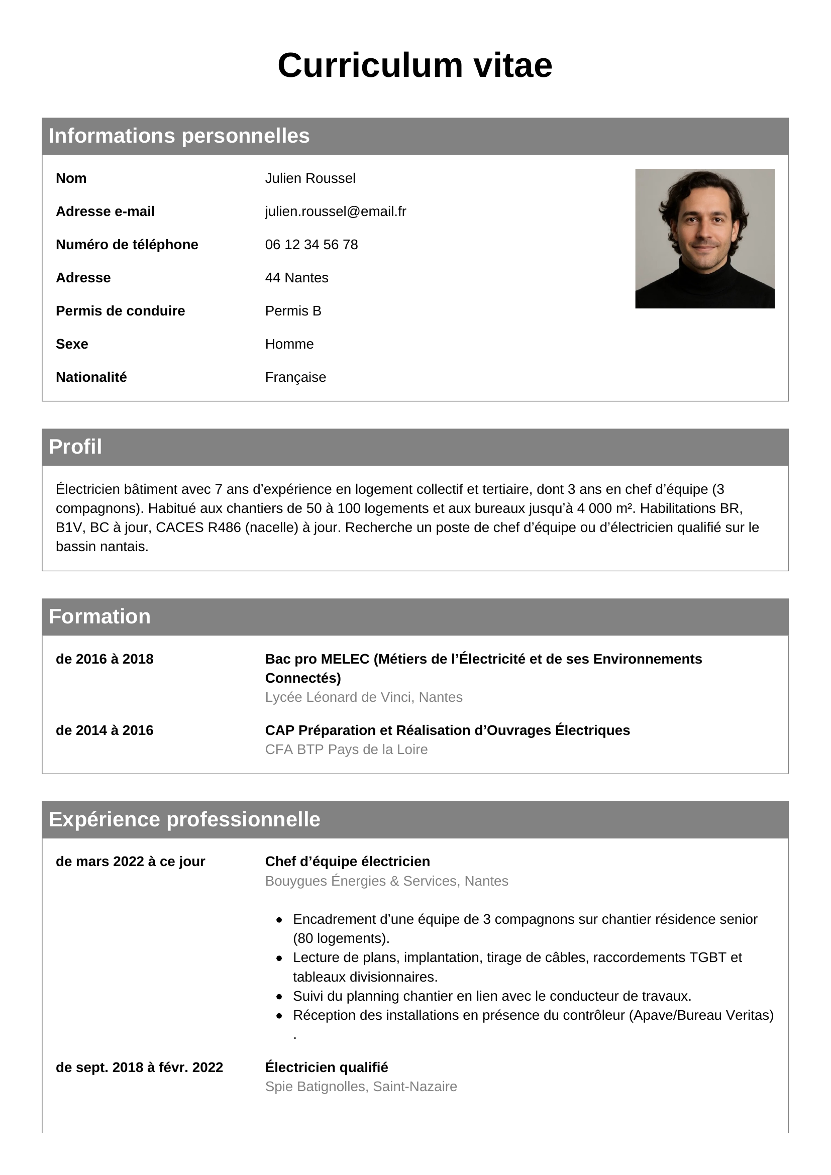 Modèle CV classique pour electricien