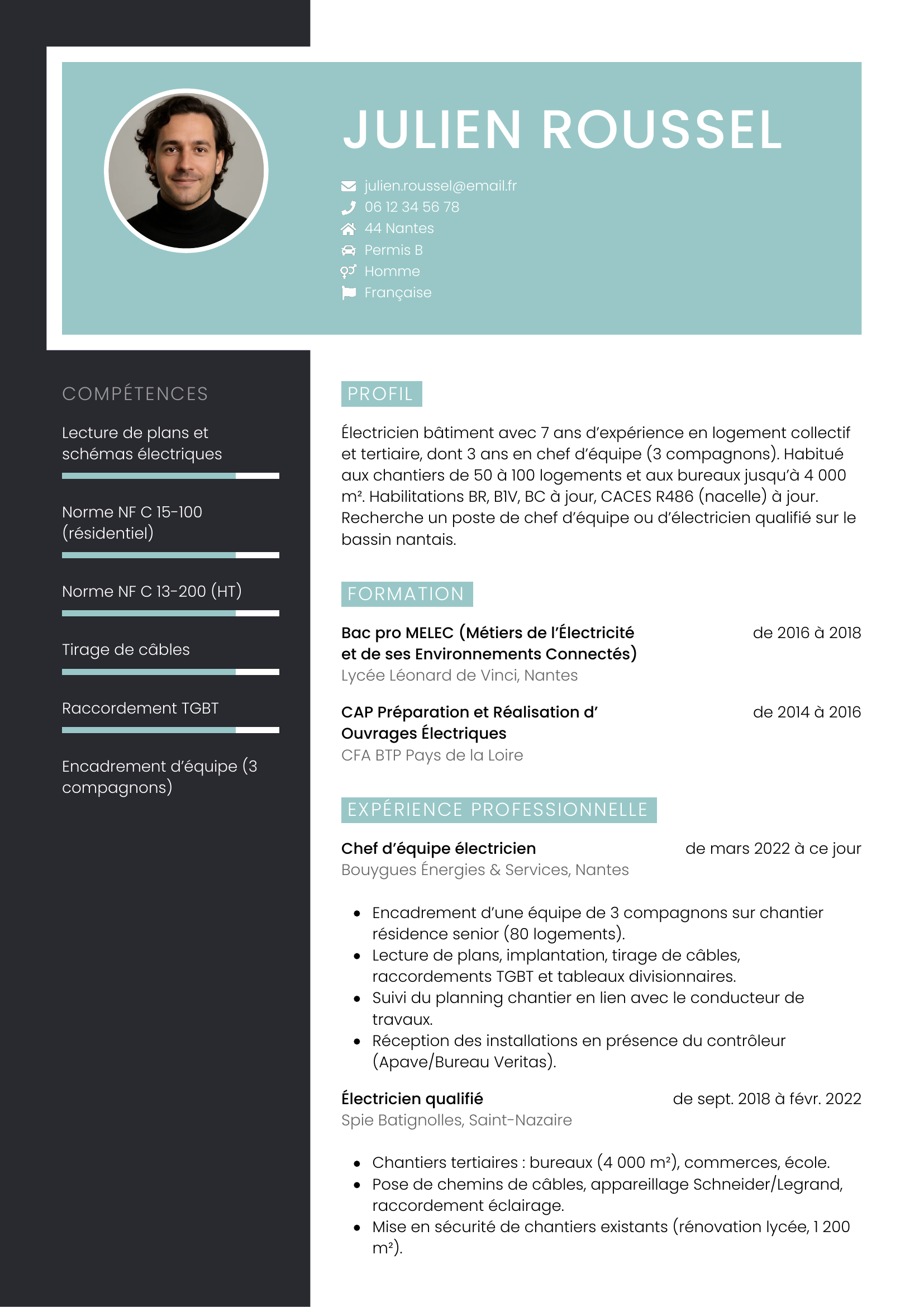 Modèle Élégant — exemple de CV Électricien