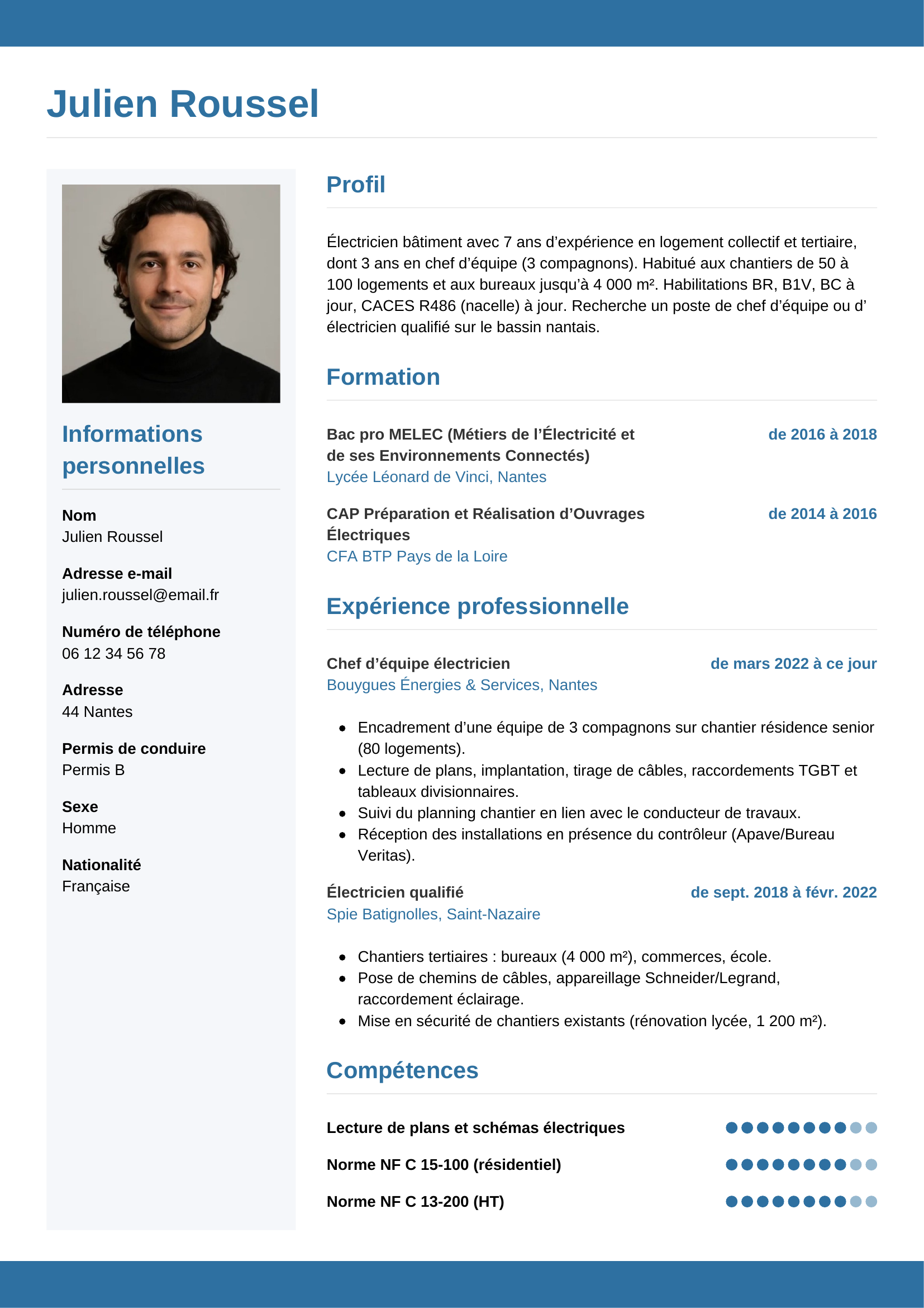 Modèle Horizontal — exemple de CV Électricien