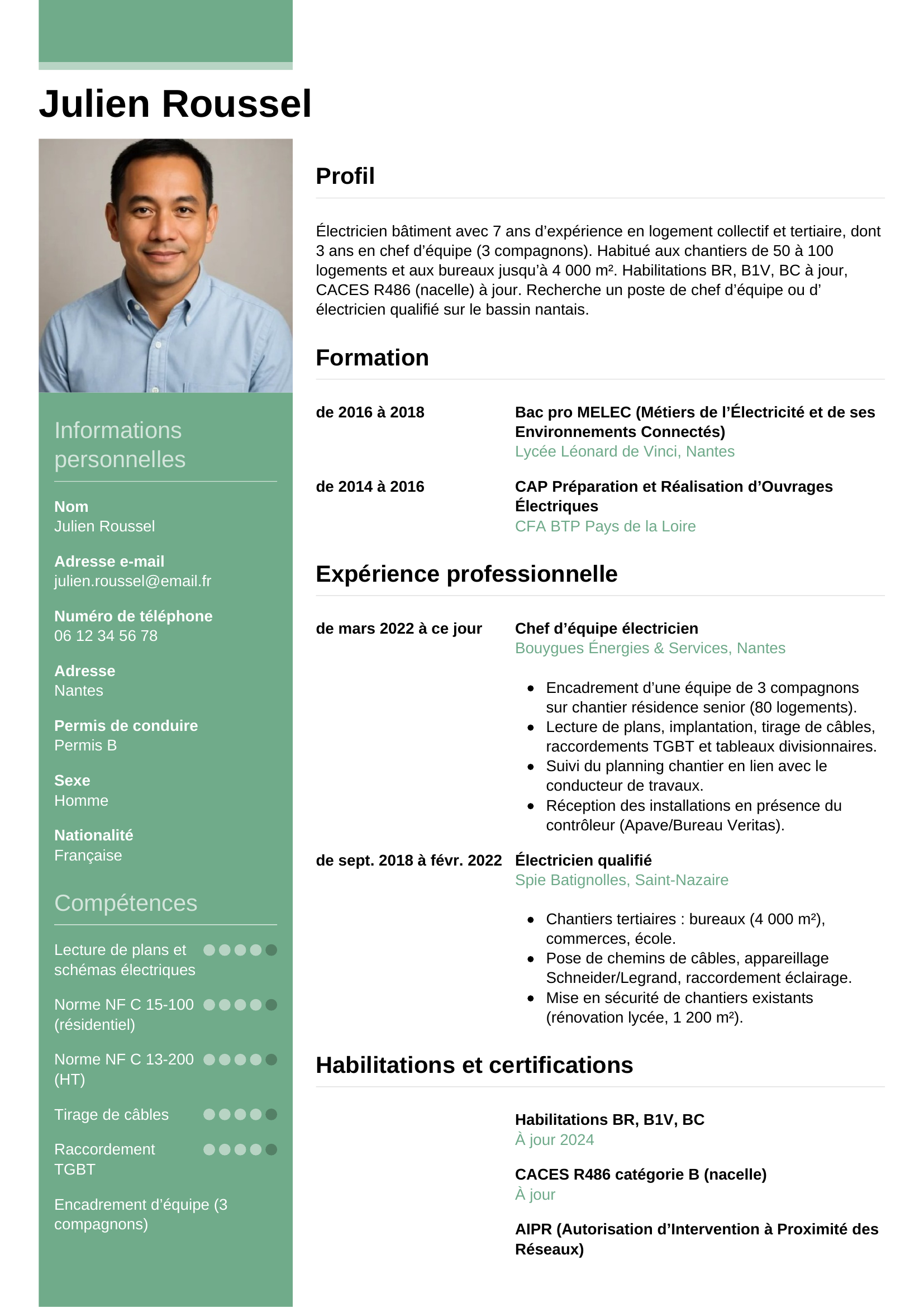 Modèle Informel — exemple de CV Électricien