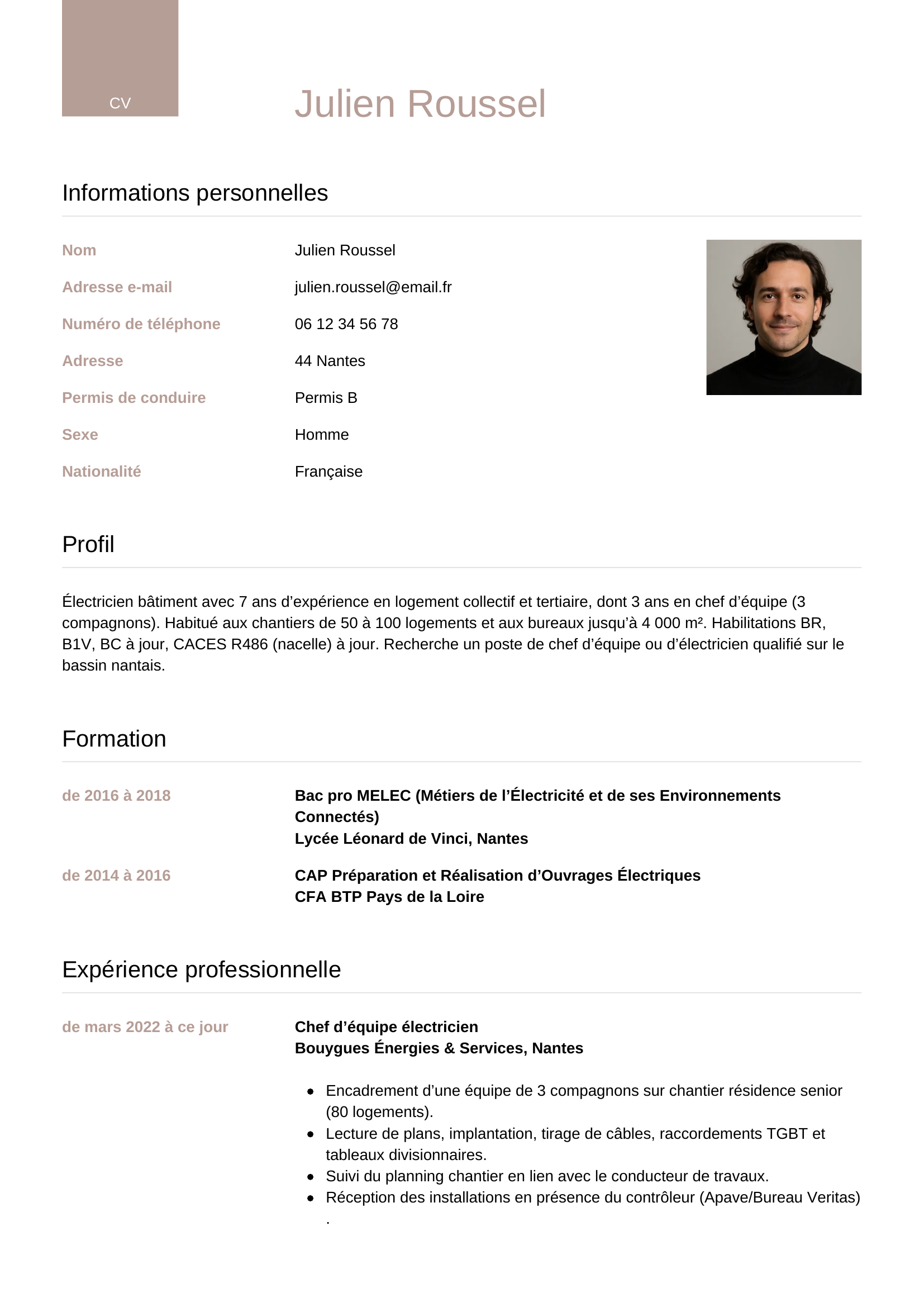 Modèle Luxe — exemple de CV Électricien