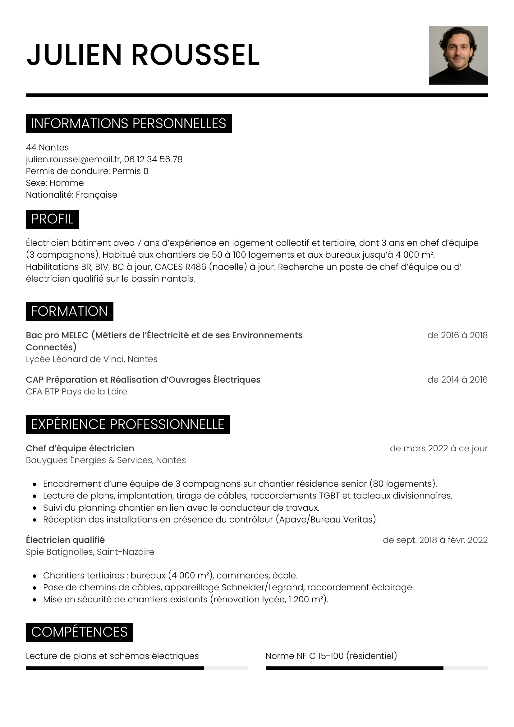 Modèle Métro — exemple de CV Électricien