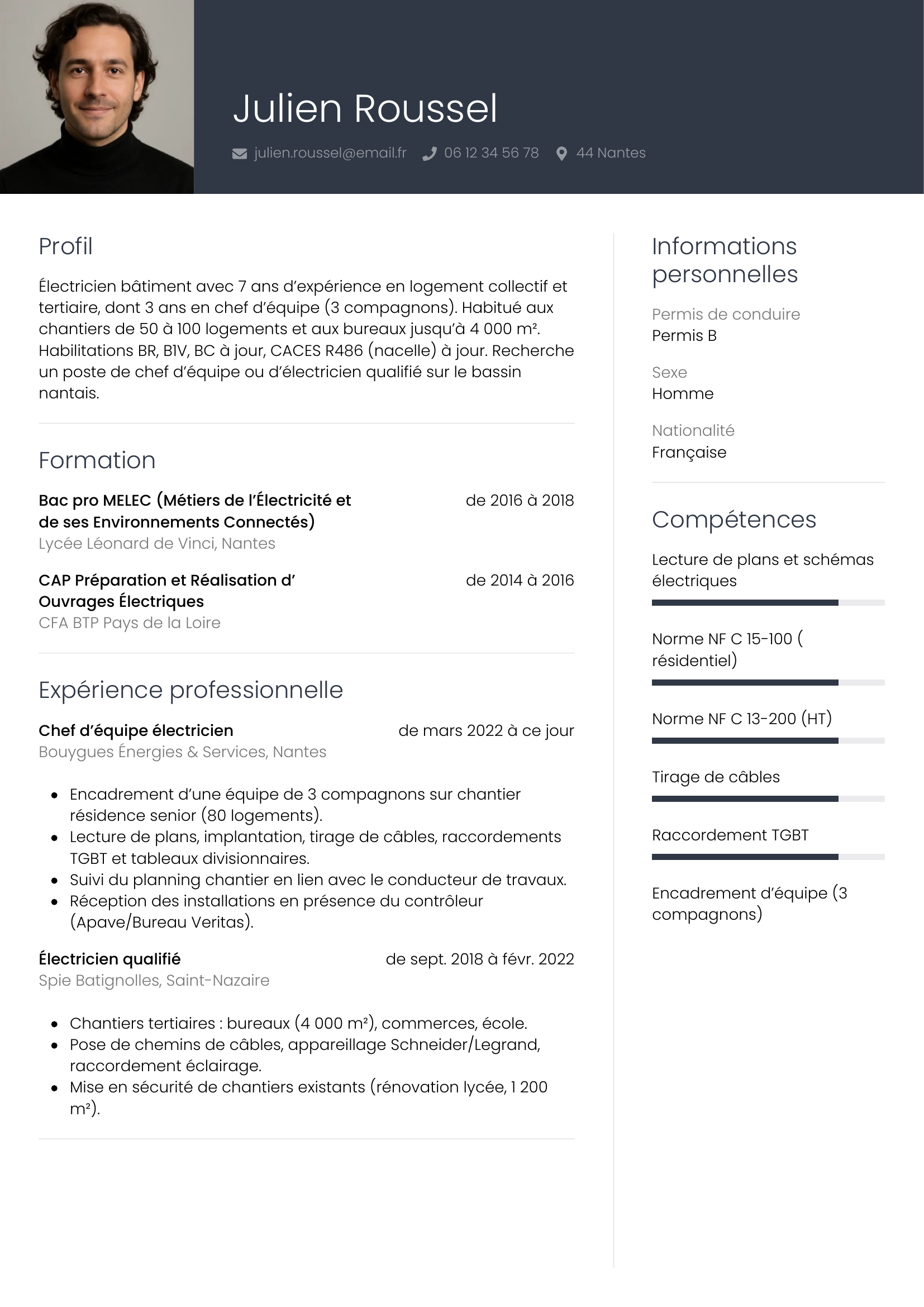 Modèle Professionnel — exemple de CV Électricien
