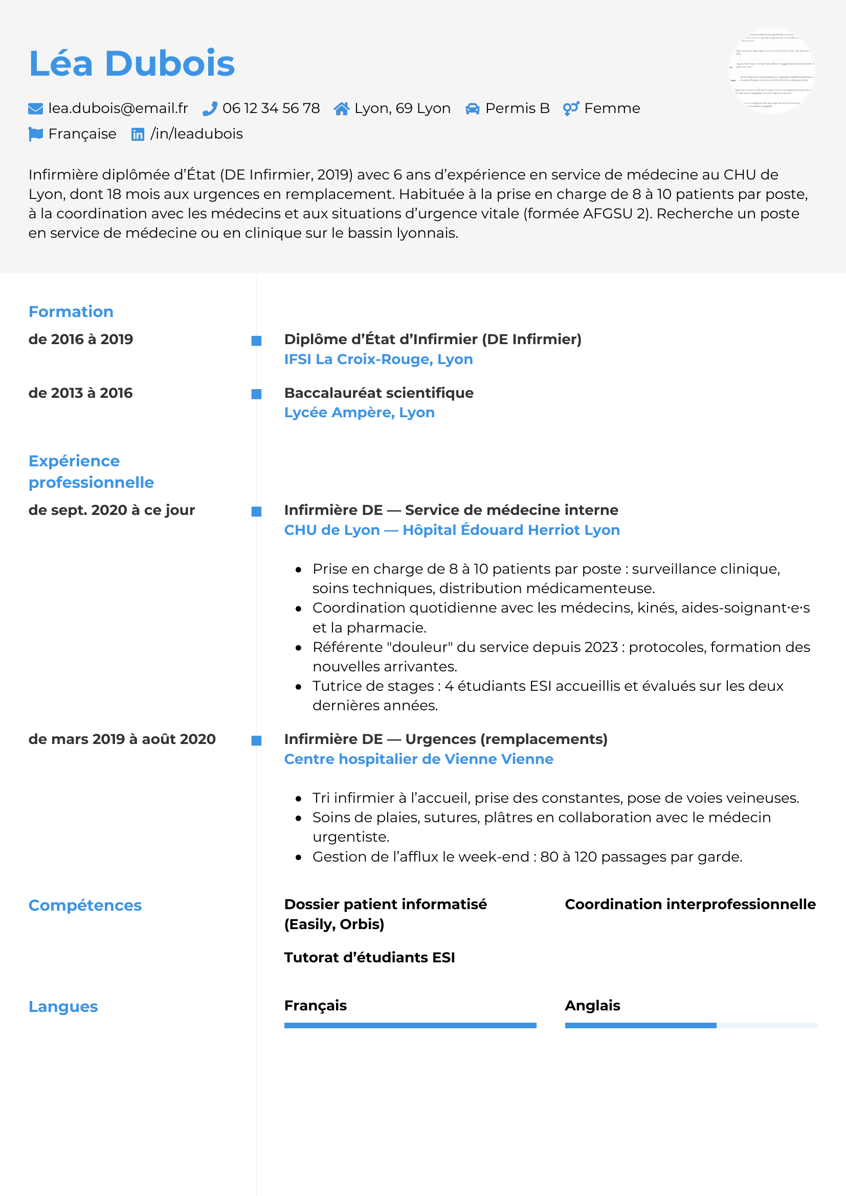 Modèle Chrono — exemple de CV Infirmière