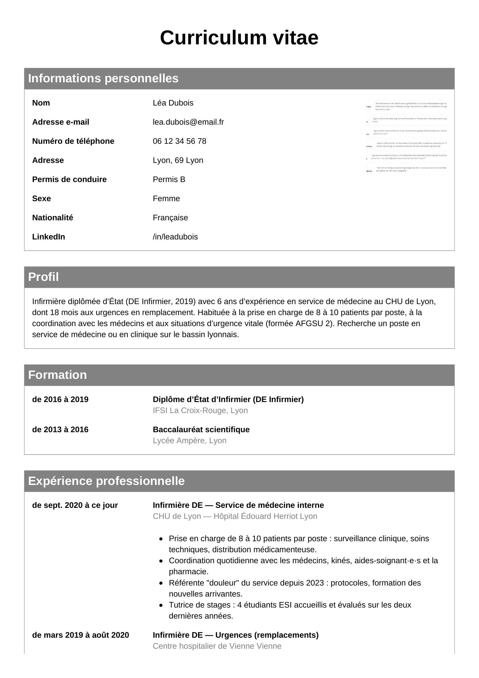 Modèle Classique — exemple de CV Infirmière