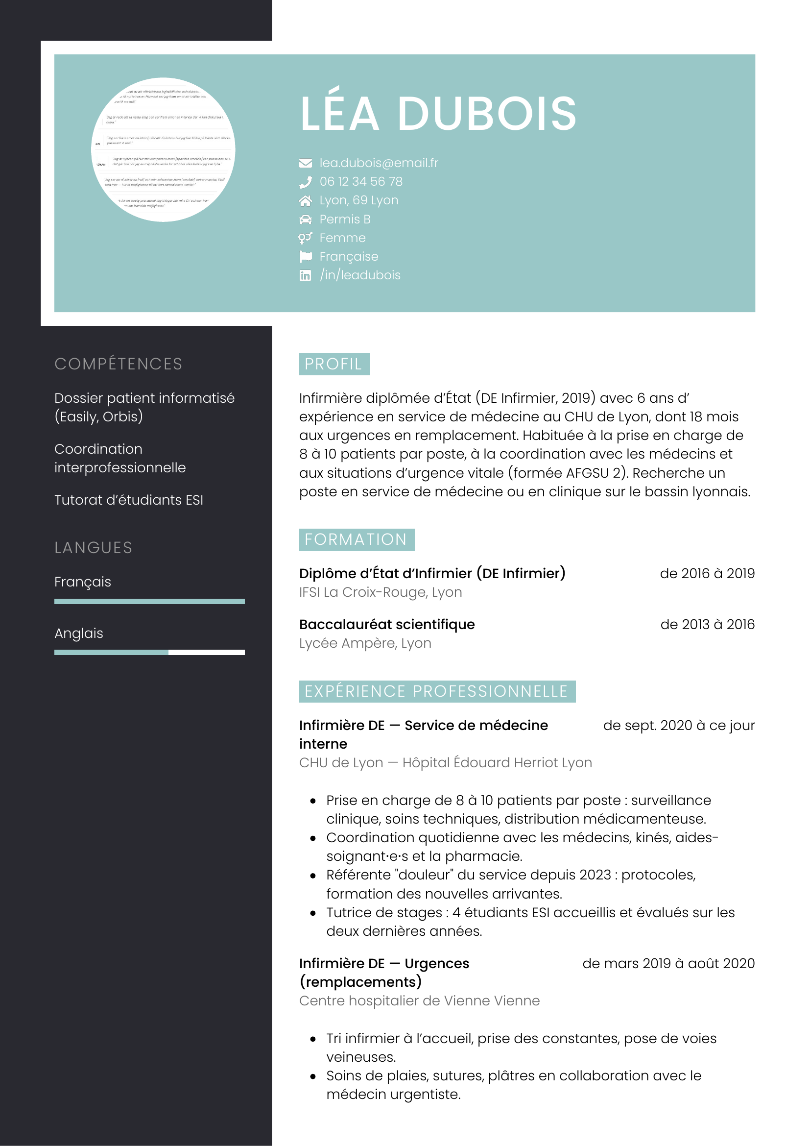 Modèle CV elegant pour infirmiere
