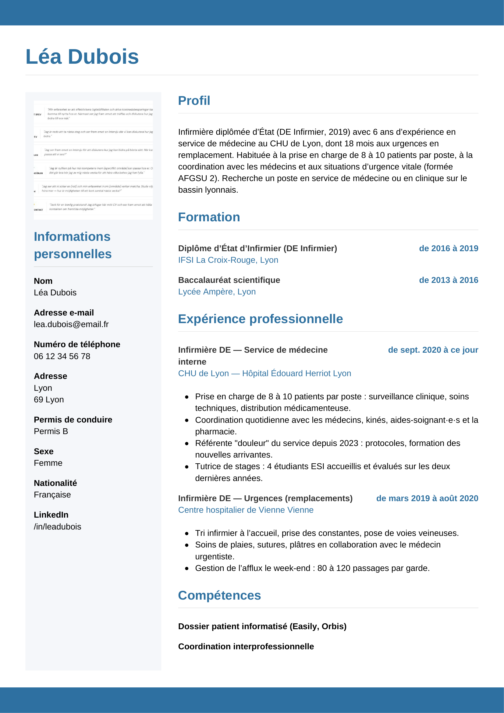 Modèle Horizontal — exemple de CV Infirmière