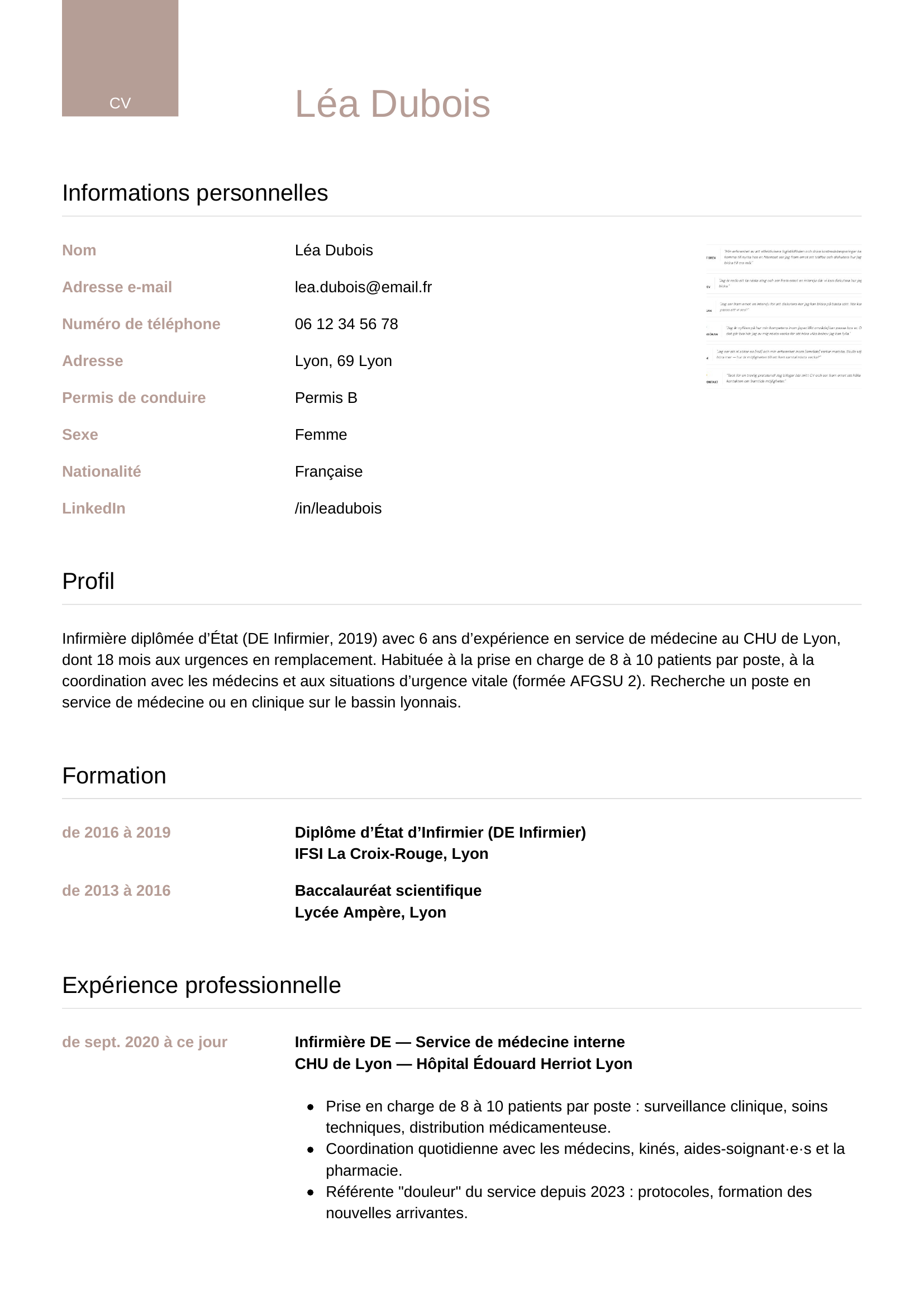 Modèle Luxe — exemple de CV Infirmière