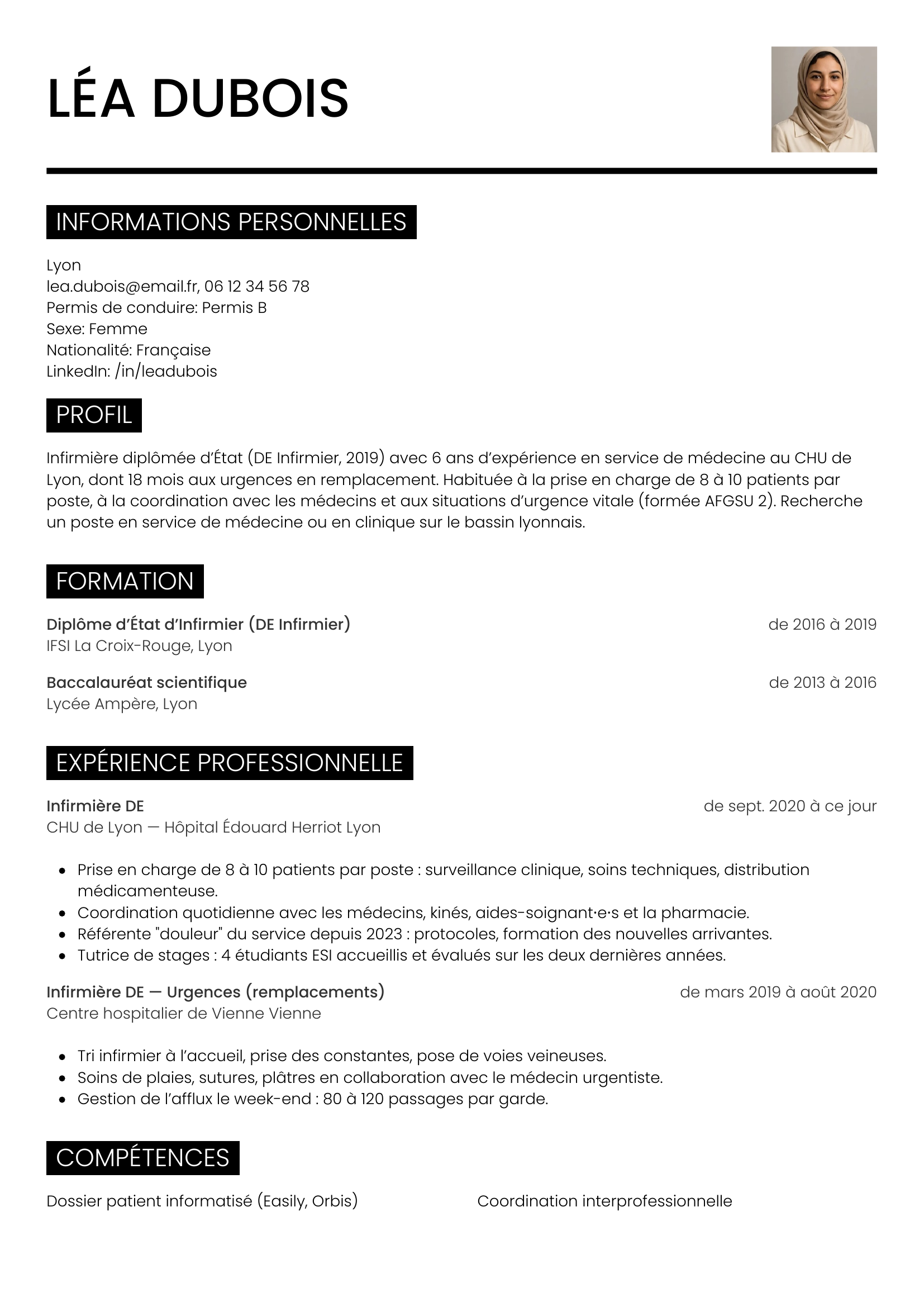 Modèle Métro — exemple de CV Infirmière
